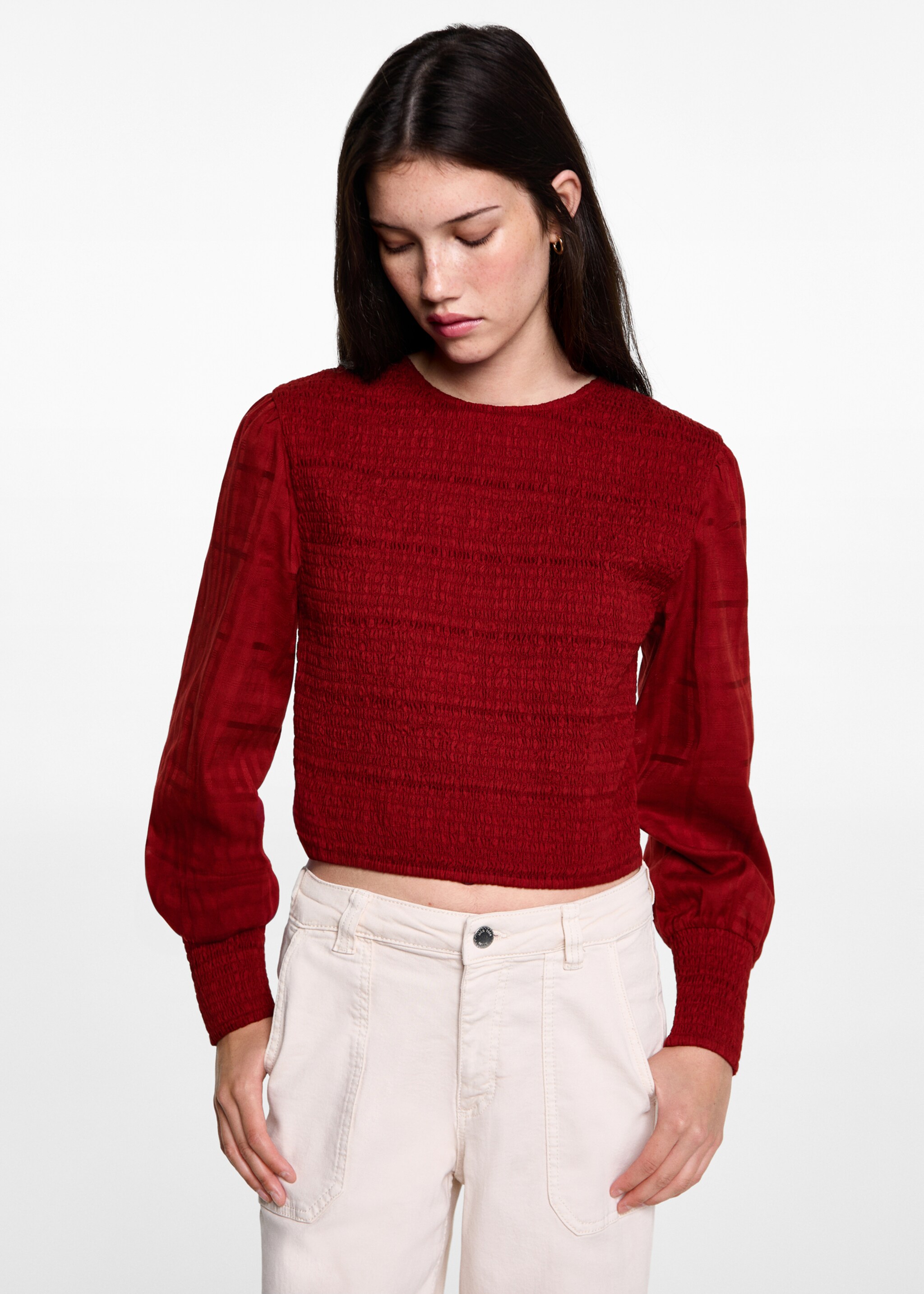Gathered details cotton blouse - Medium plane, Red. Ref: 77025988-00.