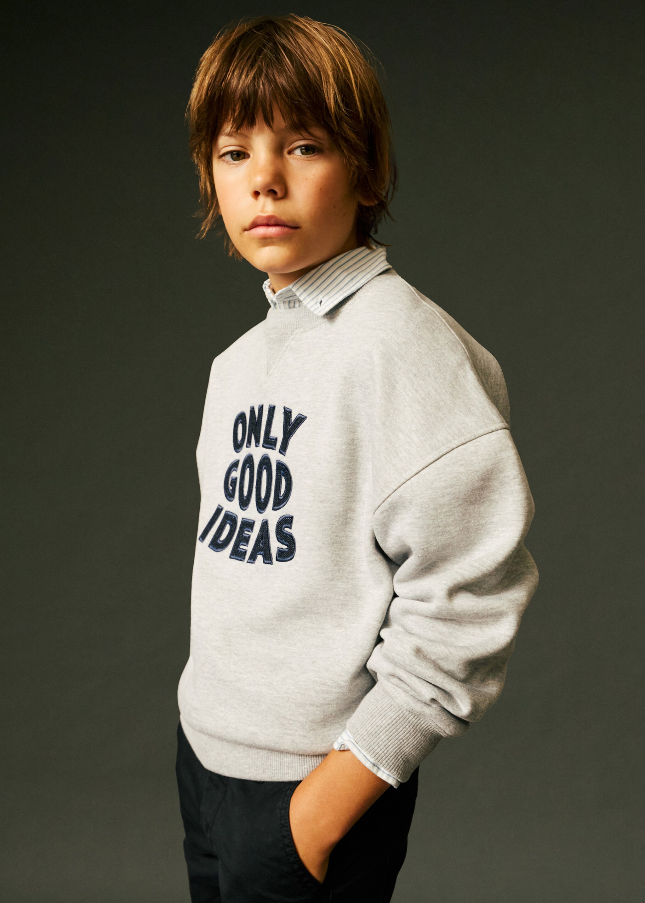 Embroidered detail cotton sweatshirt - Details of the article 5, Medium Heather Grey. Ref: 77026731-00.