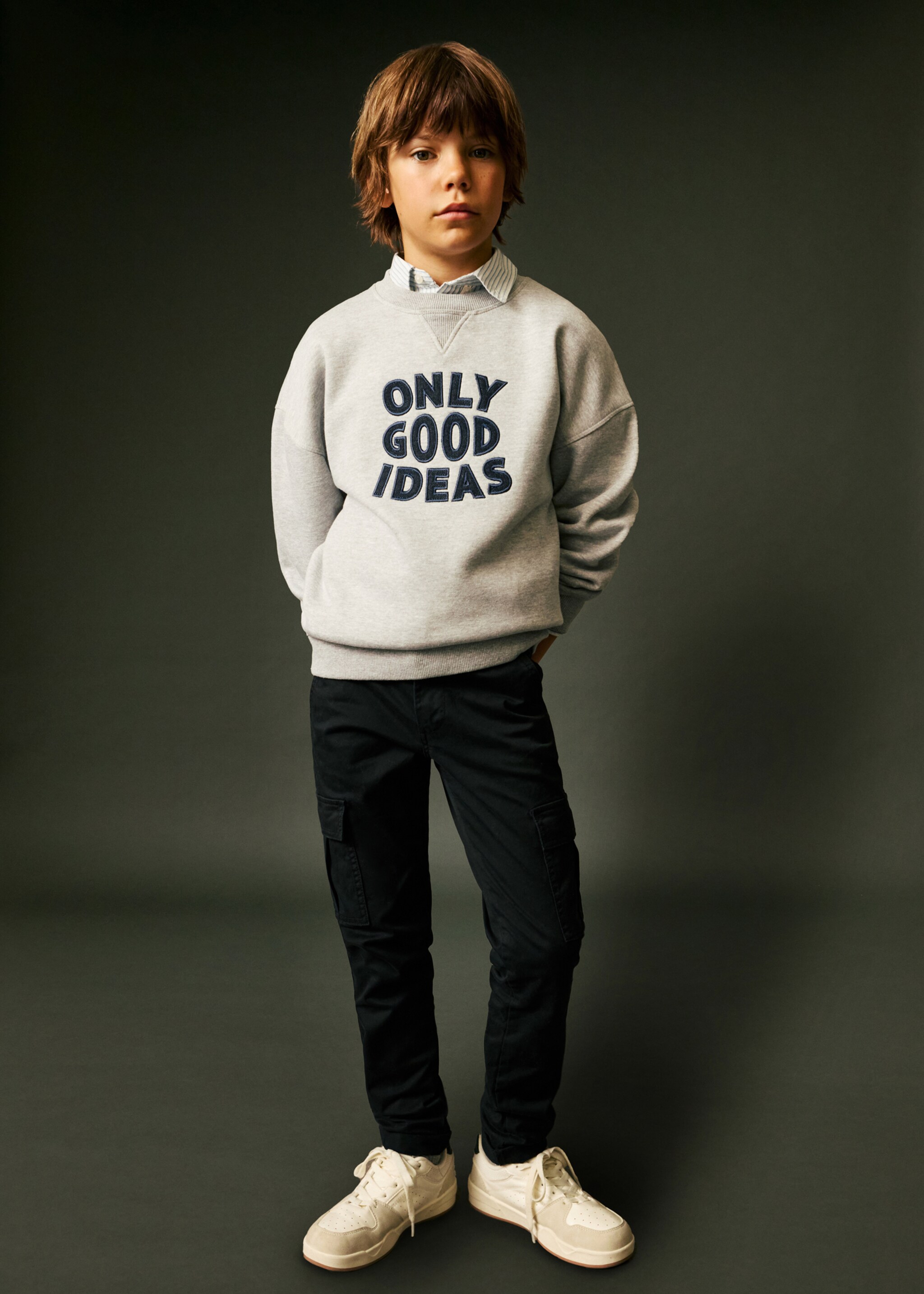 Embroidered detail cotton sweatshirt - Details of the article 6, Medium Heather Grey. Ref: 77026731-00.