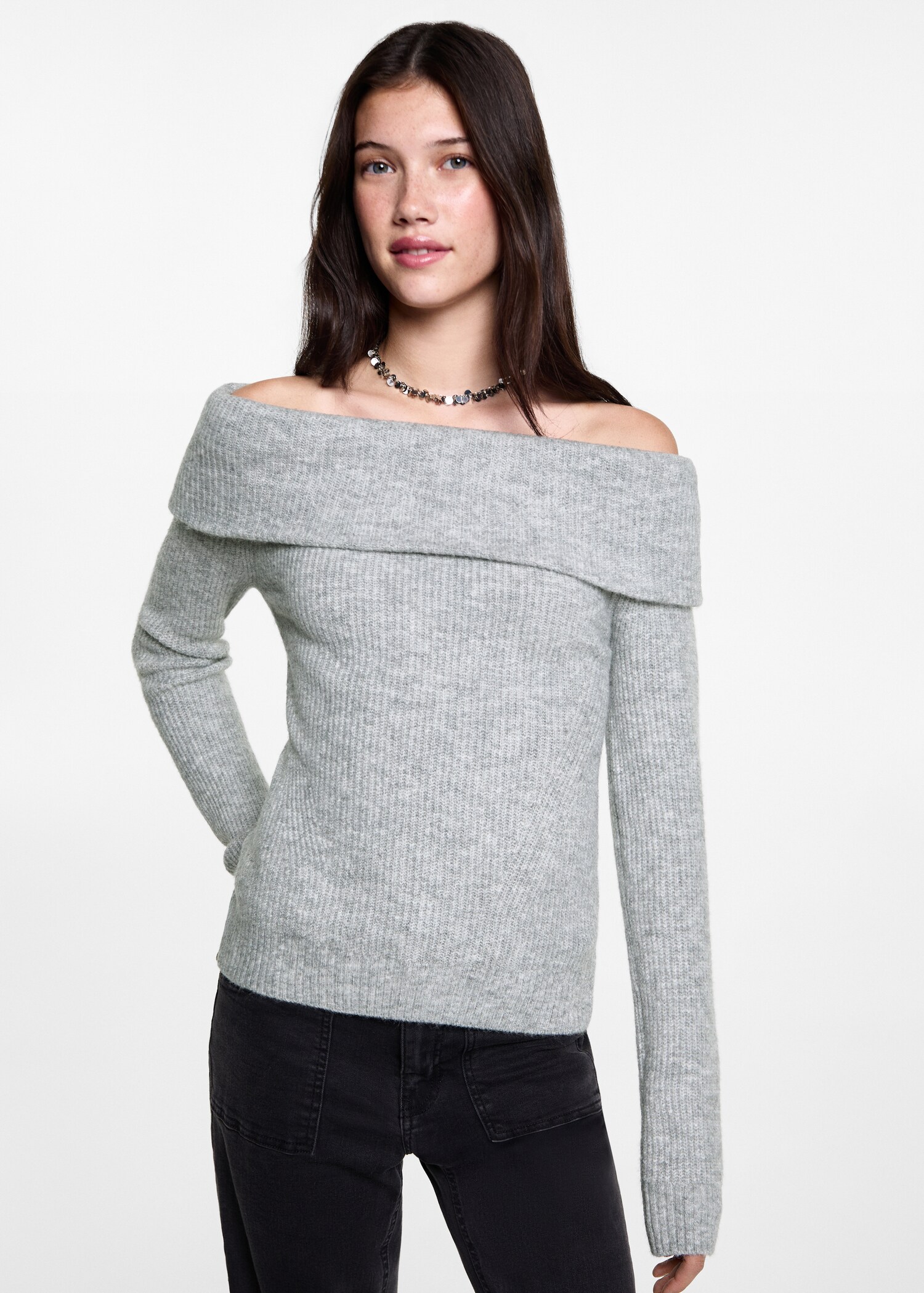 Schulterfreier Strickpullover - Mittlere Ansicht