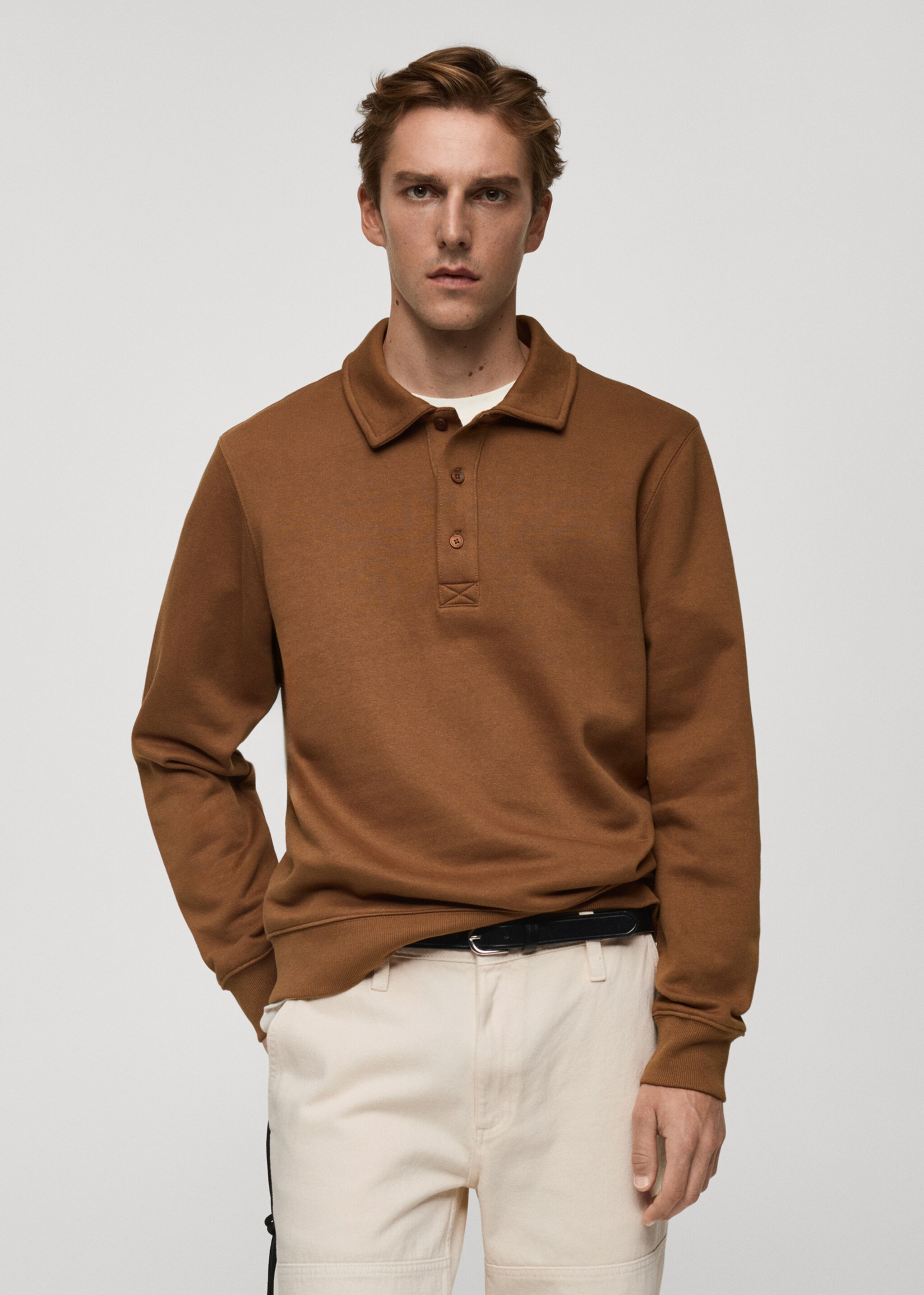 Polo-Sweatshirt aus Baumwollgemisch - Mittlere Ansicht, Tobacco-Braun. Ref: 77027113-00.