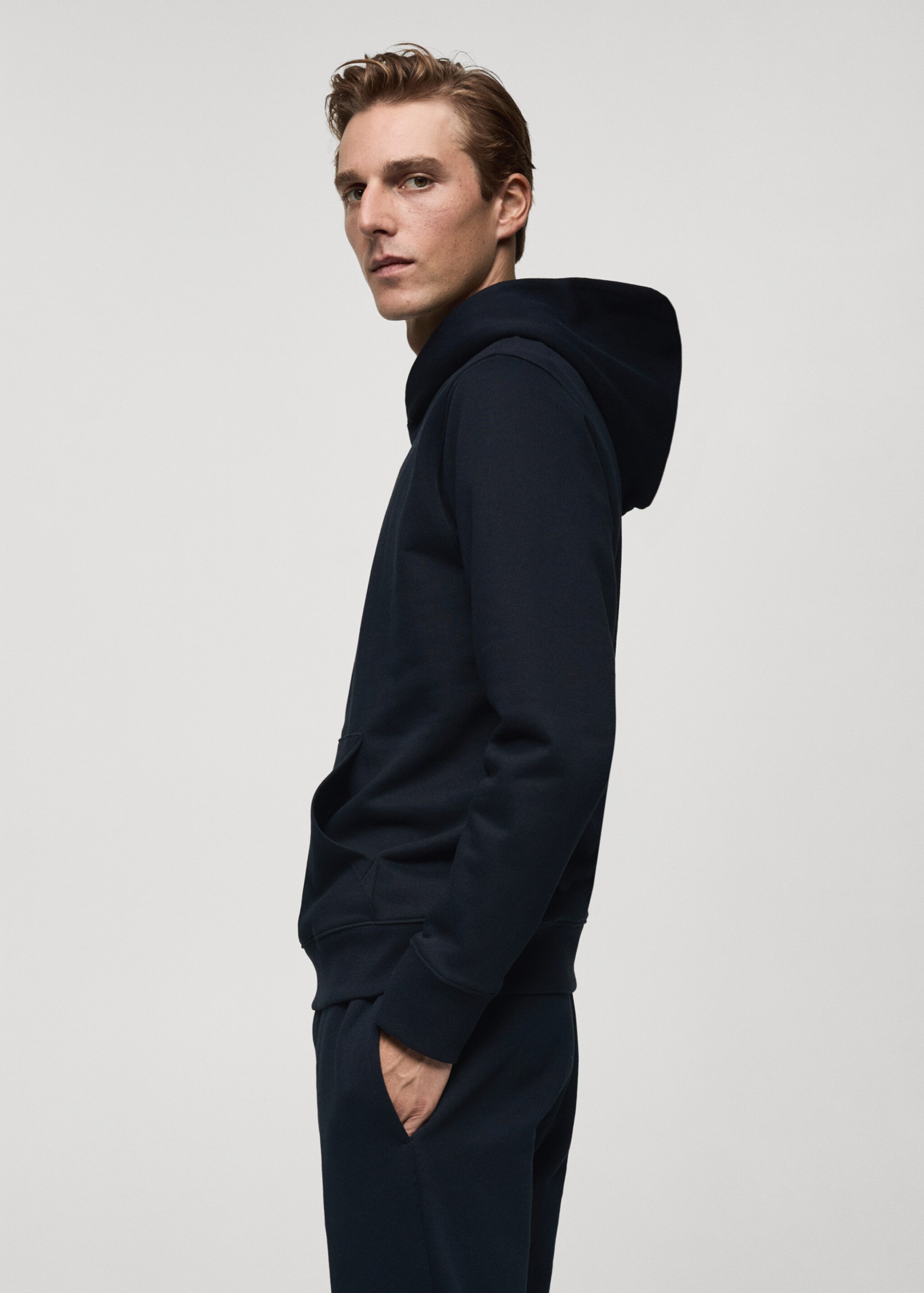Cotton kangaroo-hooded sweatshirt - Details of the article 2, Dark Navy. Ref: 77027115-00.