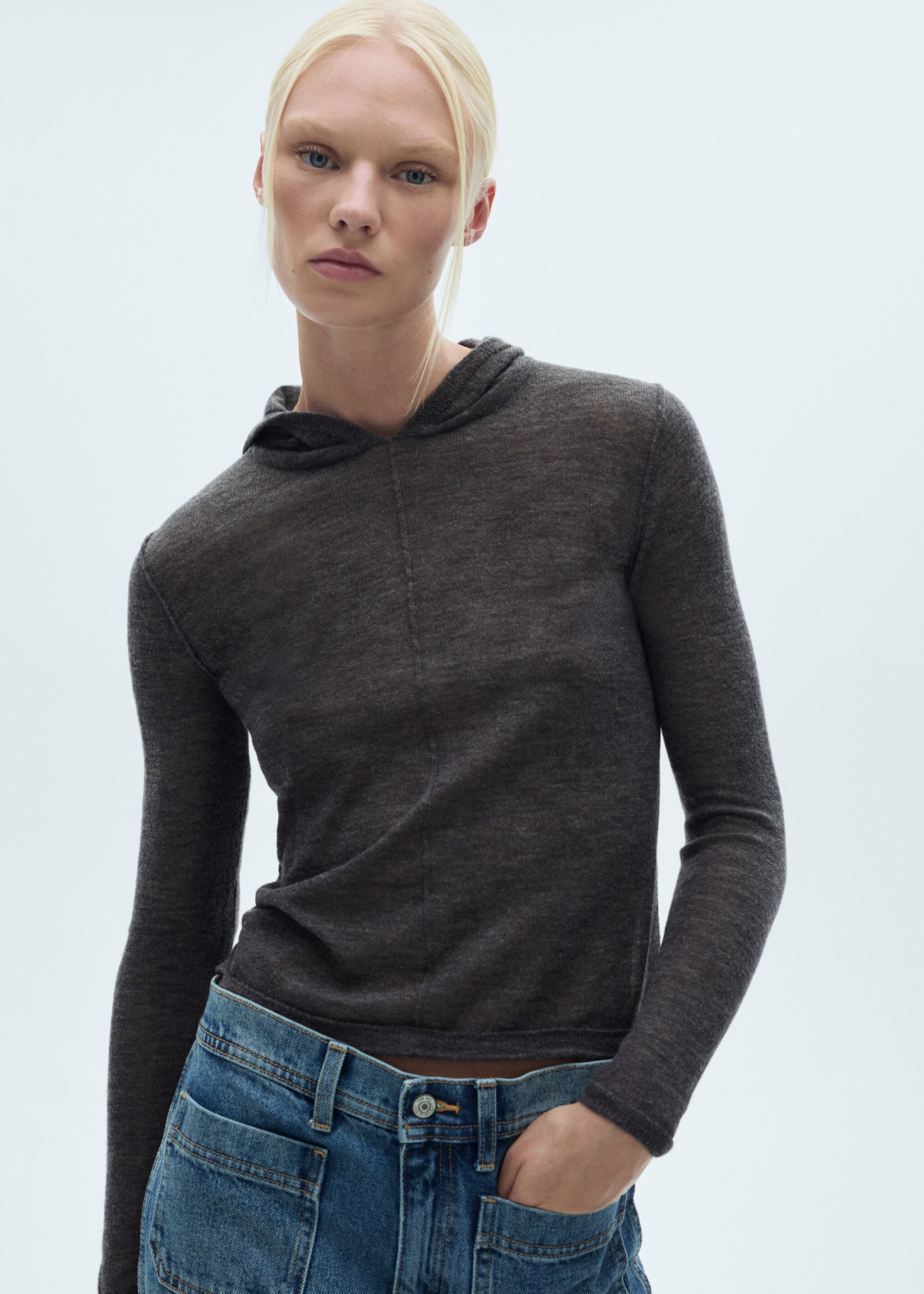 Hooded knit sweater - Medium plane, Charcoal. Ref: 77027669-00.