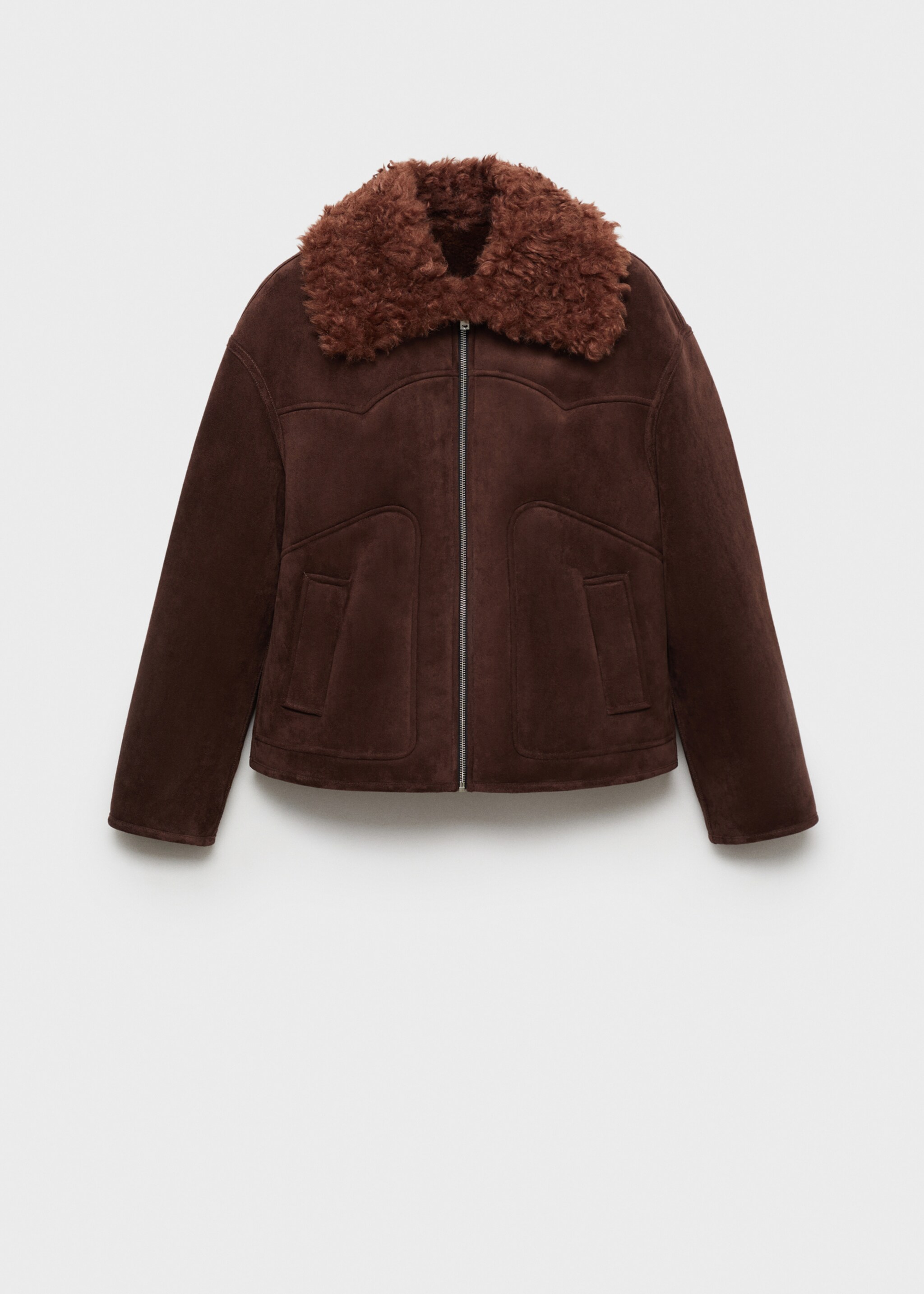 Suede-effect jacket with fleece collar - Article without model, Brown. Ref: 77027677-00.