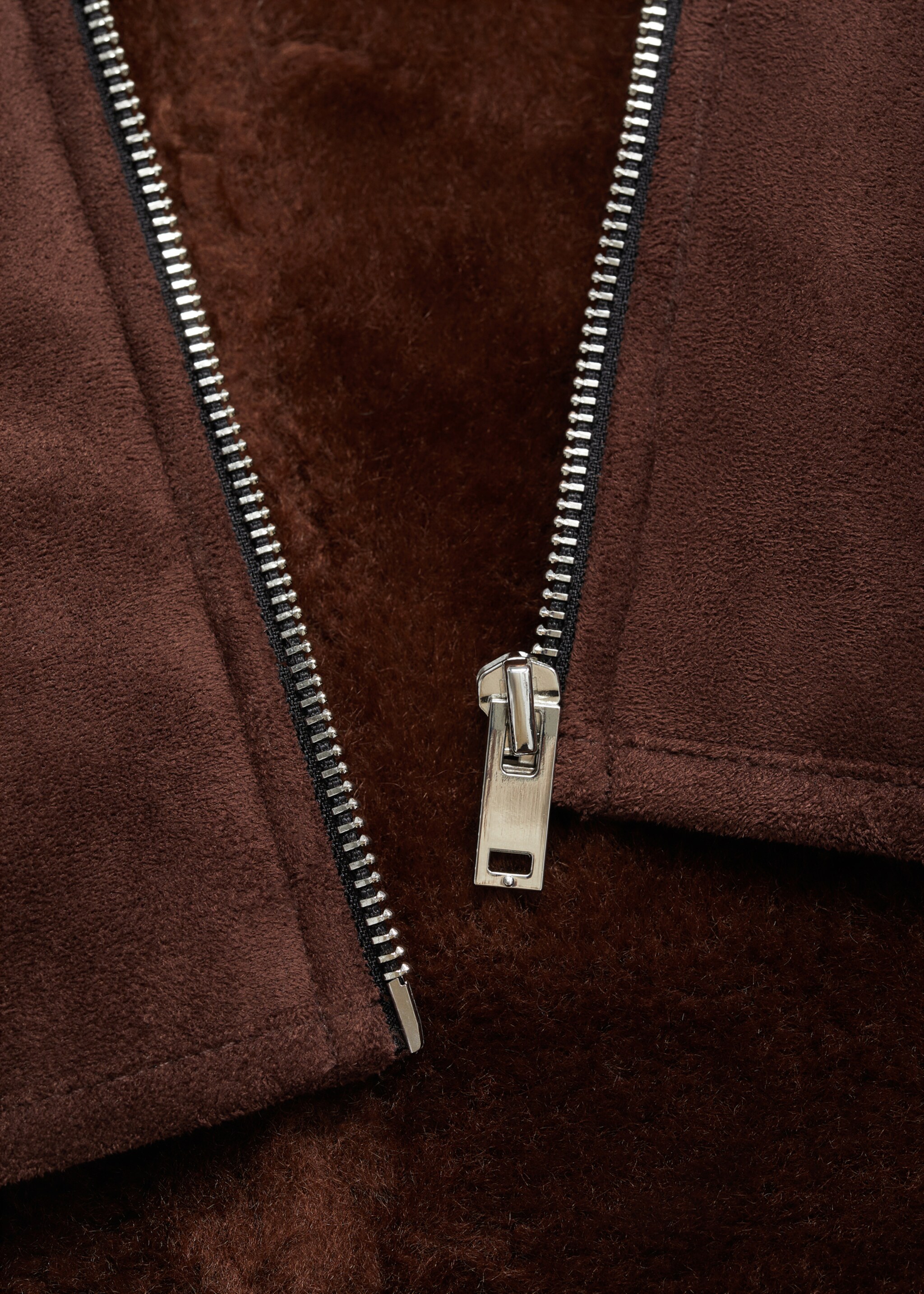 Suede-effect jacket with fleece collar - Details of the article 0, Brown. Ref: 77027677-00.