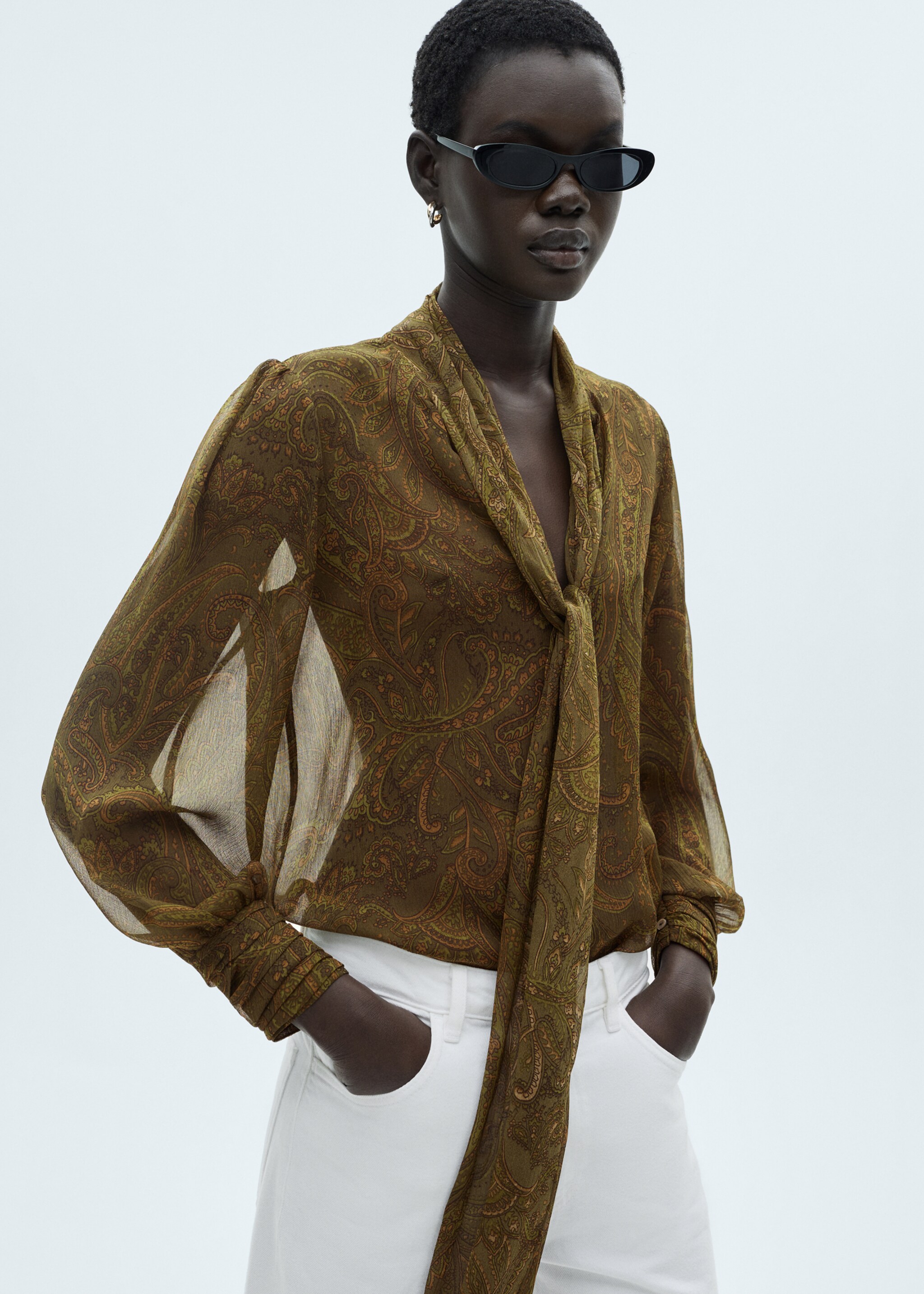Blouse met print en strik - Middenvlak, Middengroen. Ref: 77027680-00.