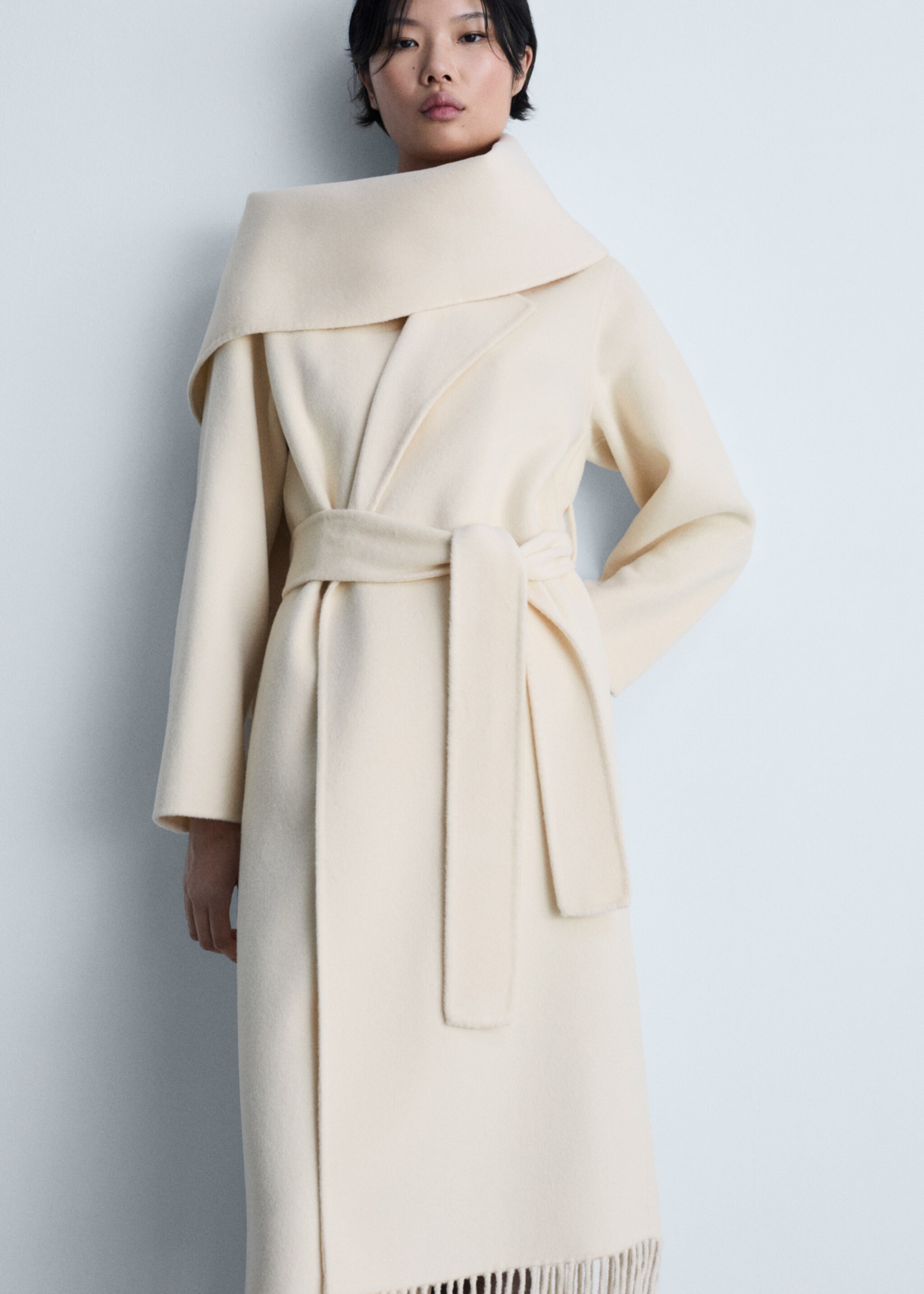 Fringe wool-blend coat - Medium plane, Ecru. Ref: 77027689-00.