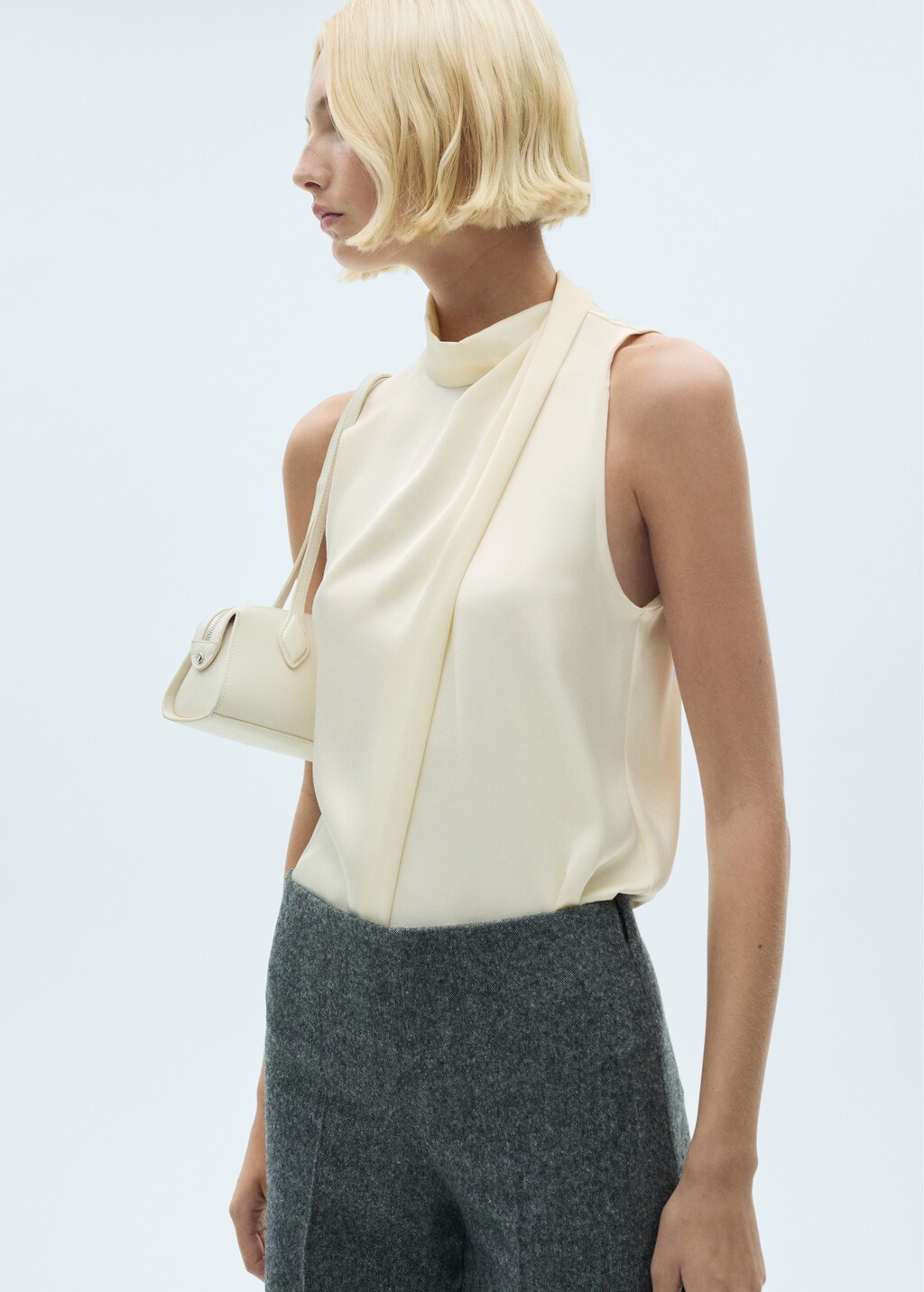 Turtleneck draped satin blouse