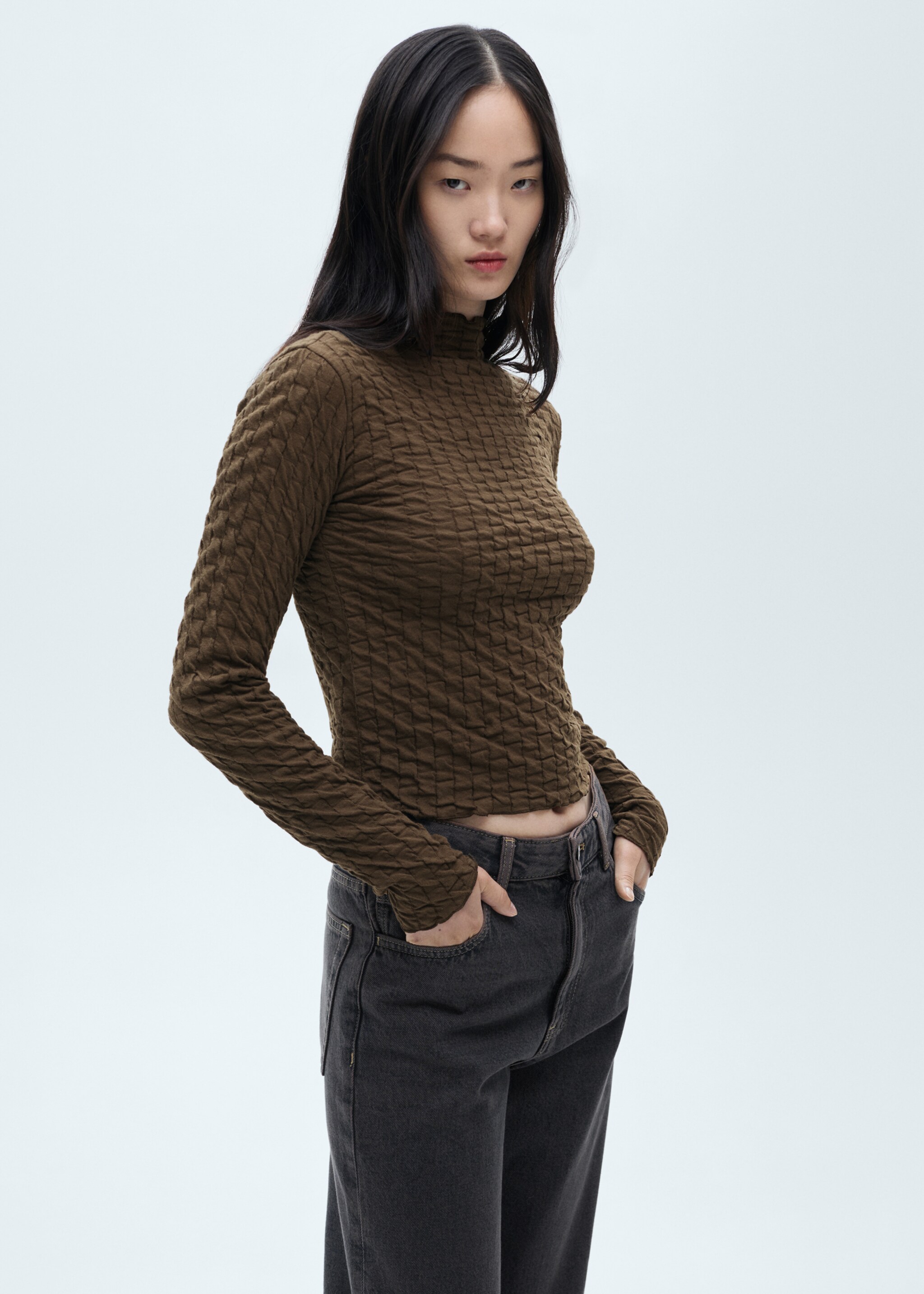 Long-sleeved t-shirt with ruffles - Medium plane, Khaki. Ref: 77027719-00.