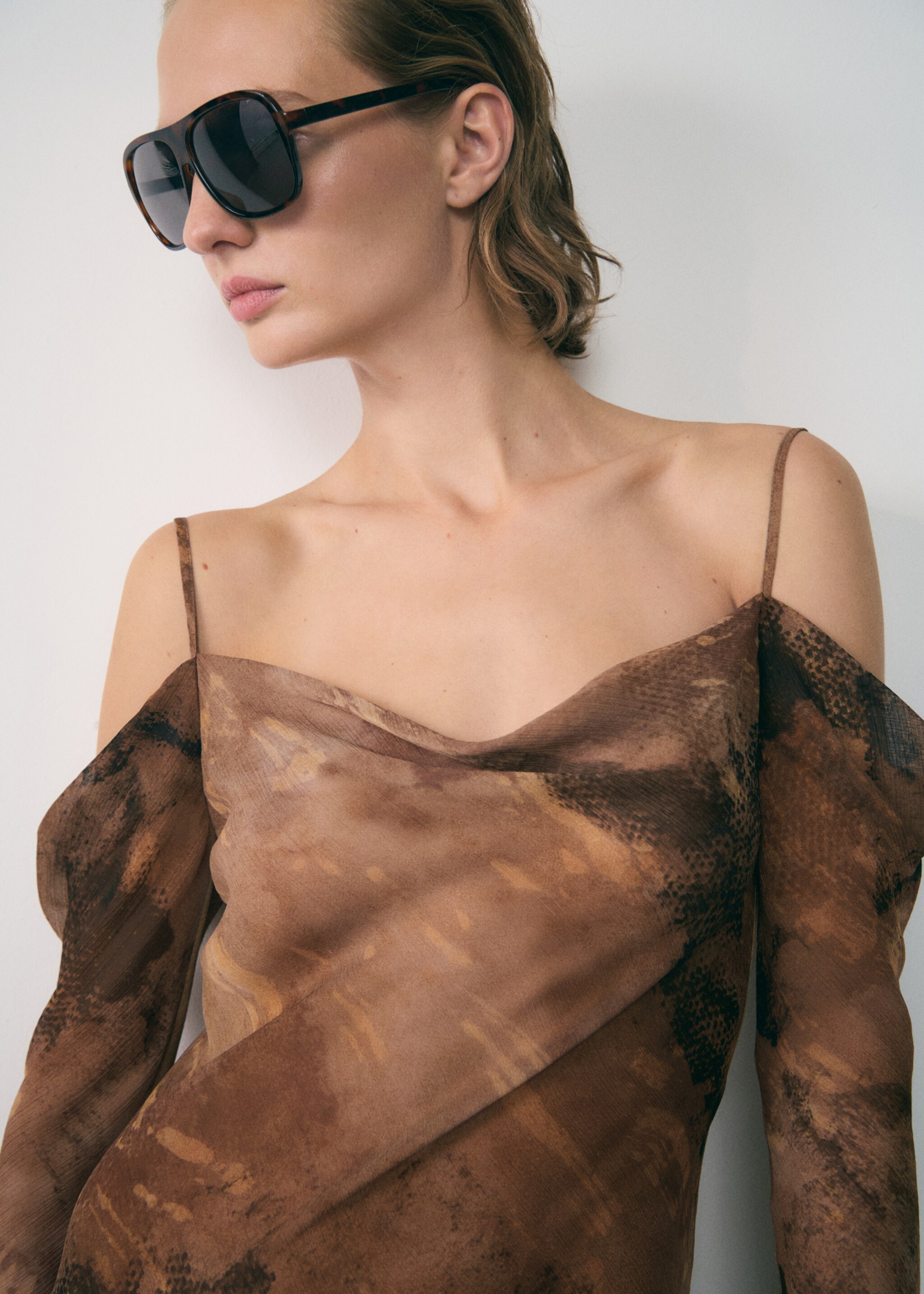 Printed chiffon dress - Medium plane, Brown. Ref: 77027720-00.