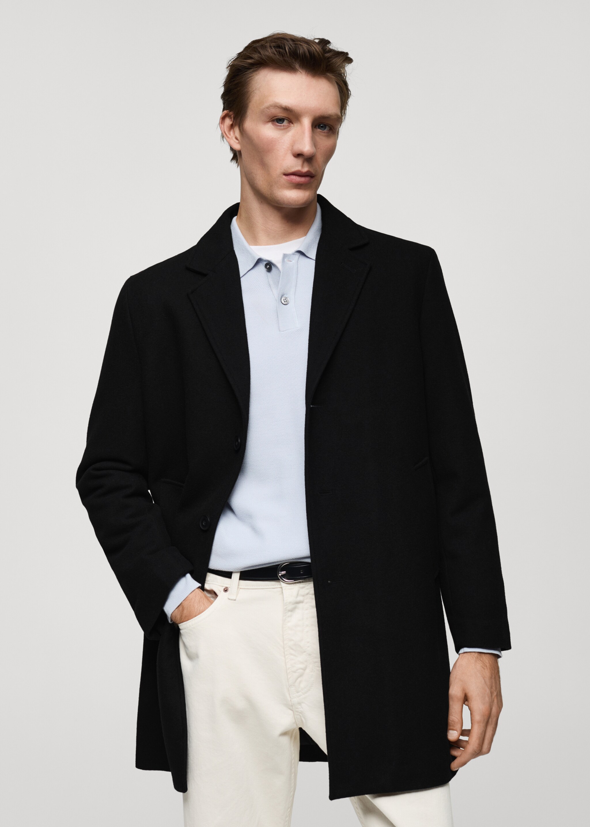 Regular fit quilted wool coat - Medium plane, Black. Ref: 77027915-00.