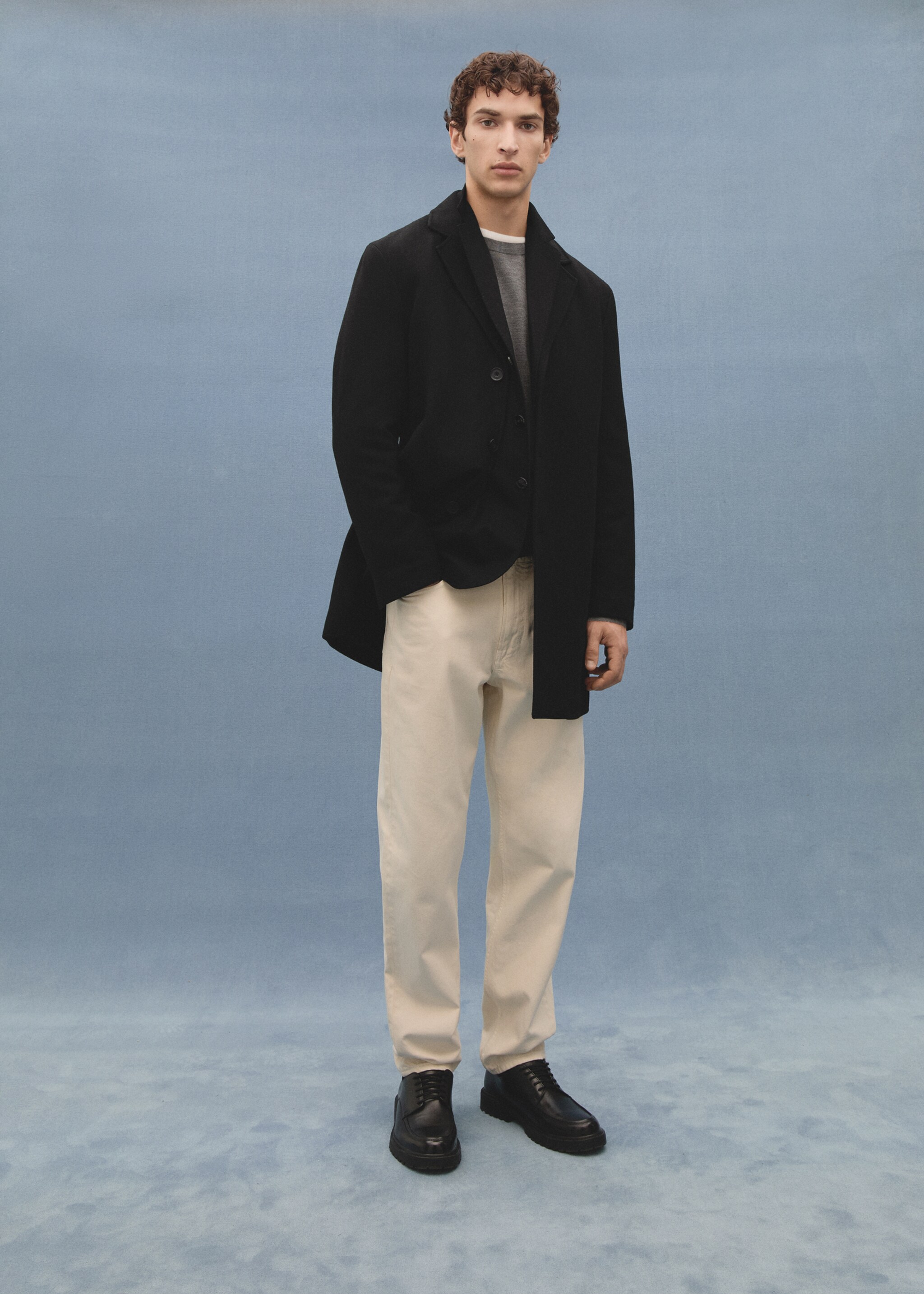 Regular fit quilted wool coat - Details of the article 5, Black. Ref: 77027915-00.