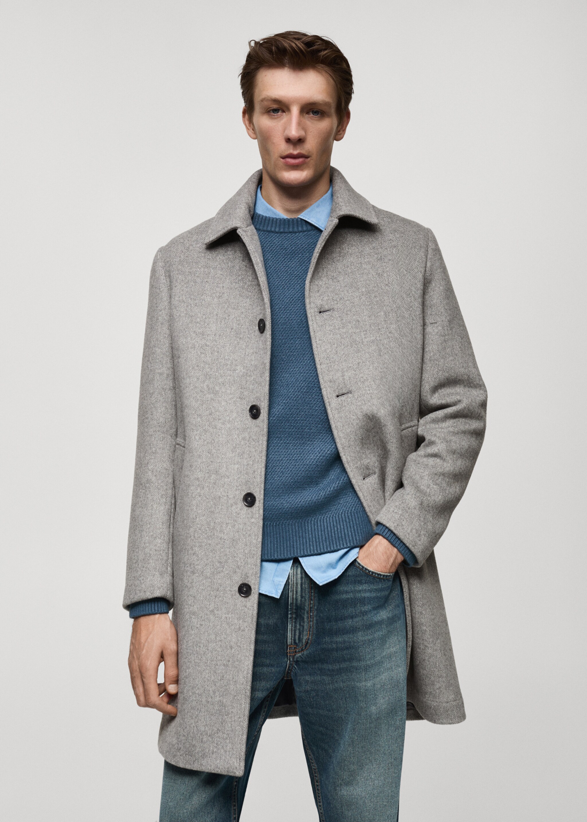 Regular-fit herringbone wool coat - Medium plane, Grey. Ref: 77027918-00.