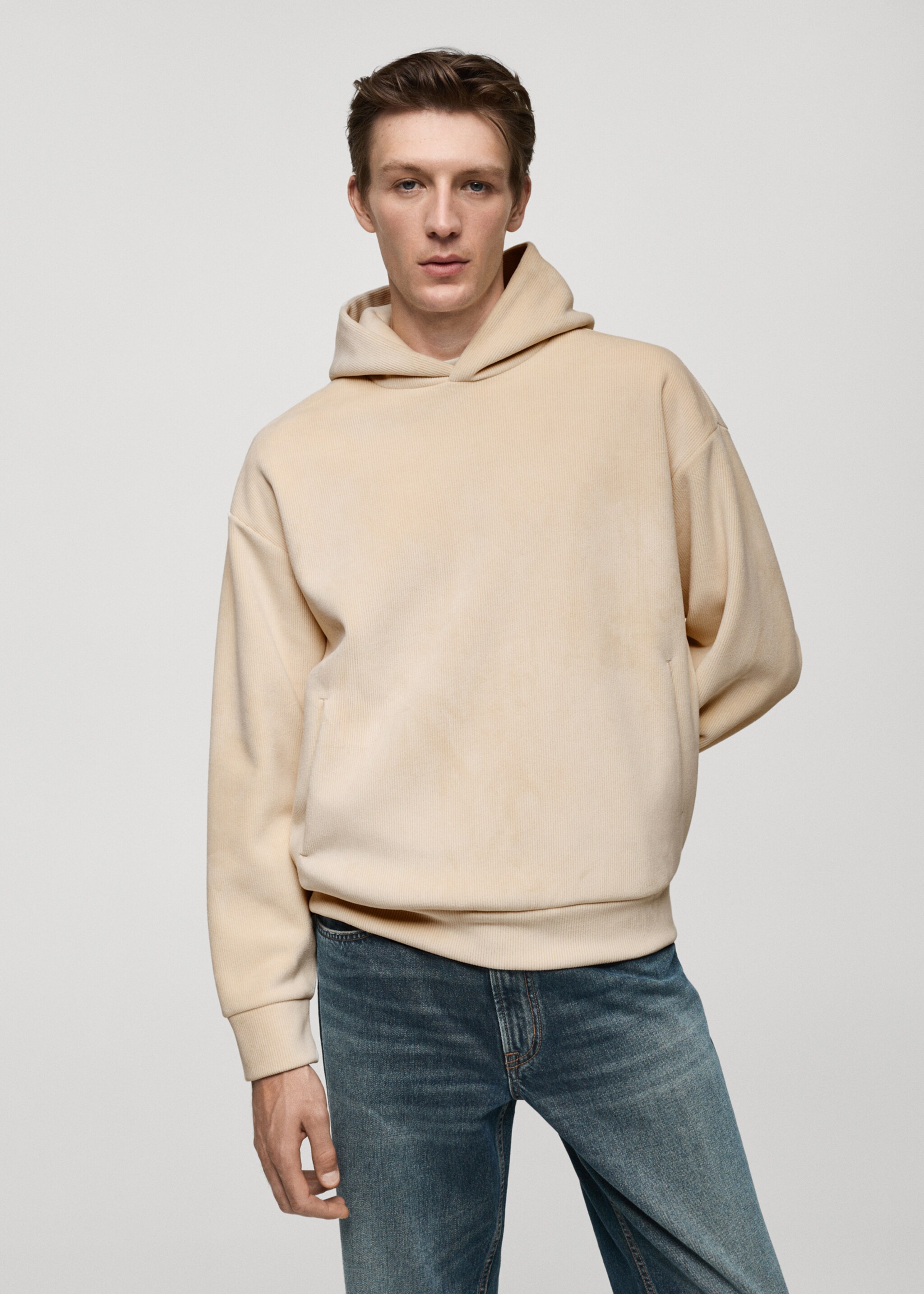 Corduroy hooded sweatshirt - Medium plane, Ecru. Ref: 77027929-00.