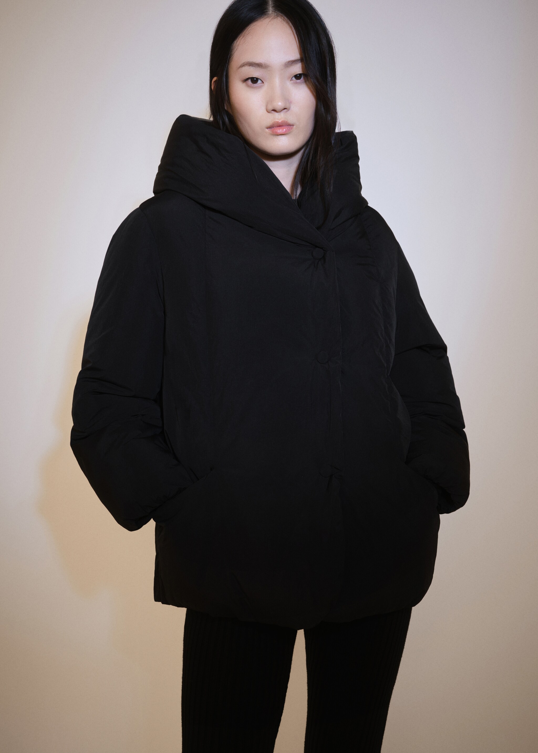 Short padded hooded anorak - Medium plane, Black. Ref: 77028264-00.