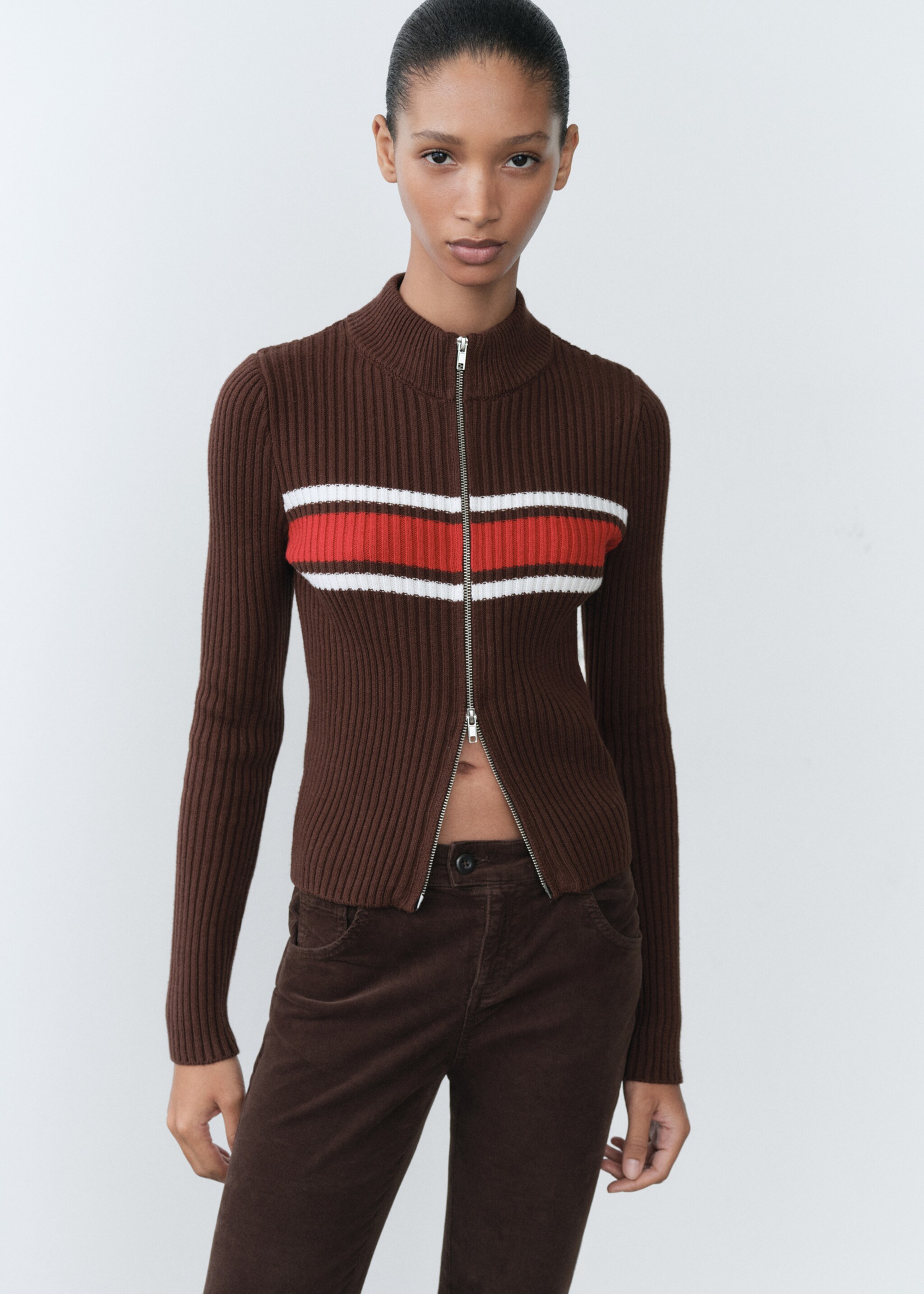 Ribbed cardigan with contrasting panel - Medium plane, Brown. Ref: 77028634-00.