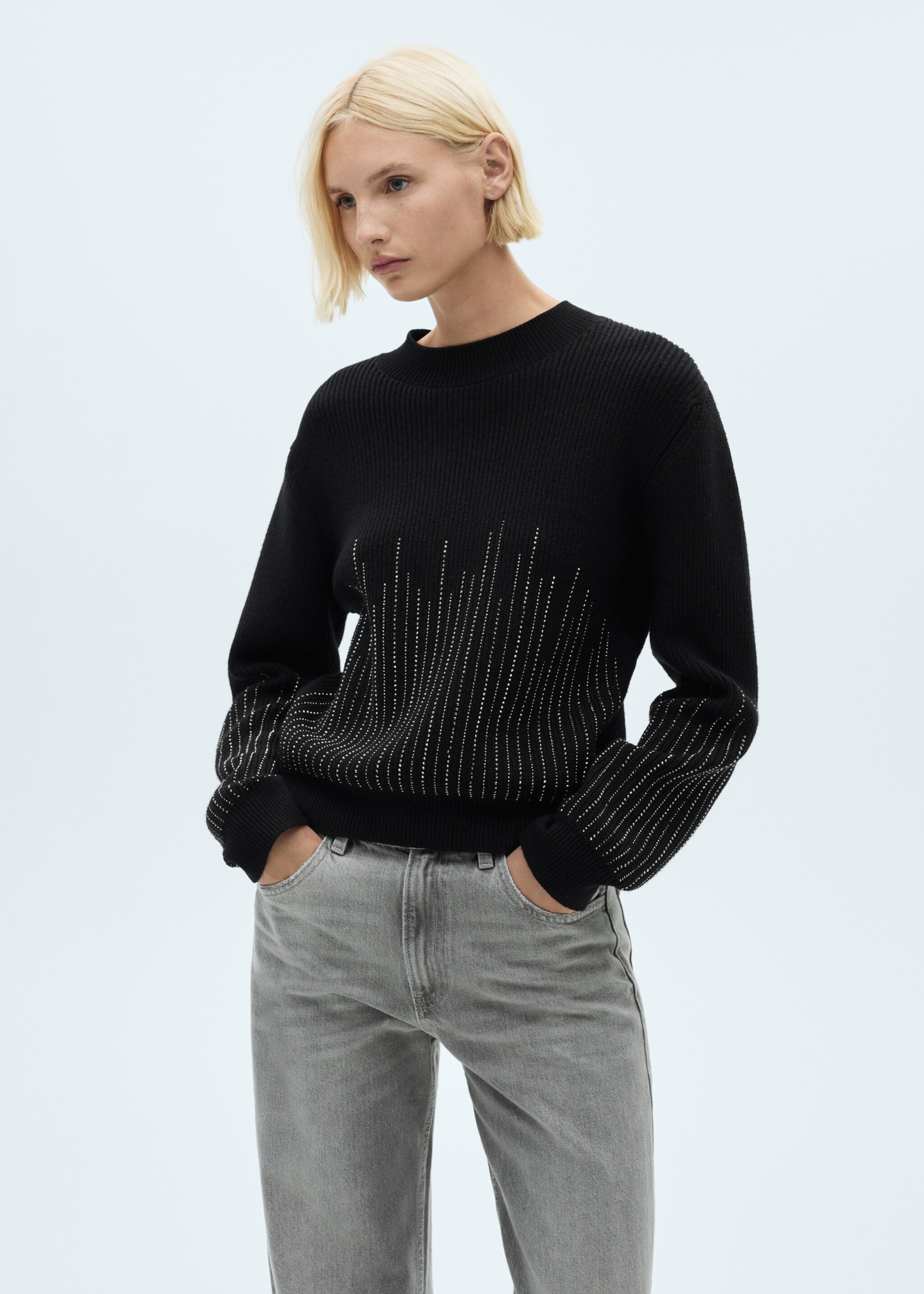 Sweater with rhinestpme details - Medium plane, Black. Ref: 77029056-00.