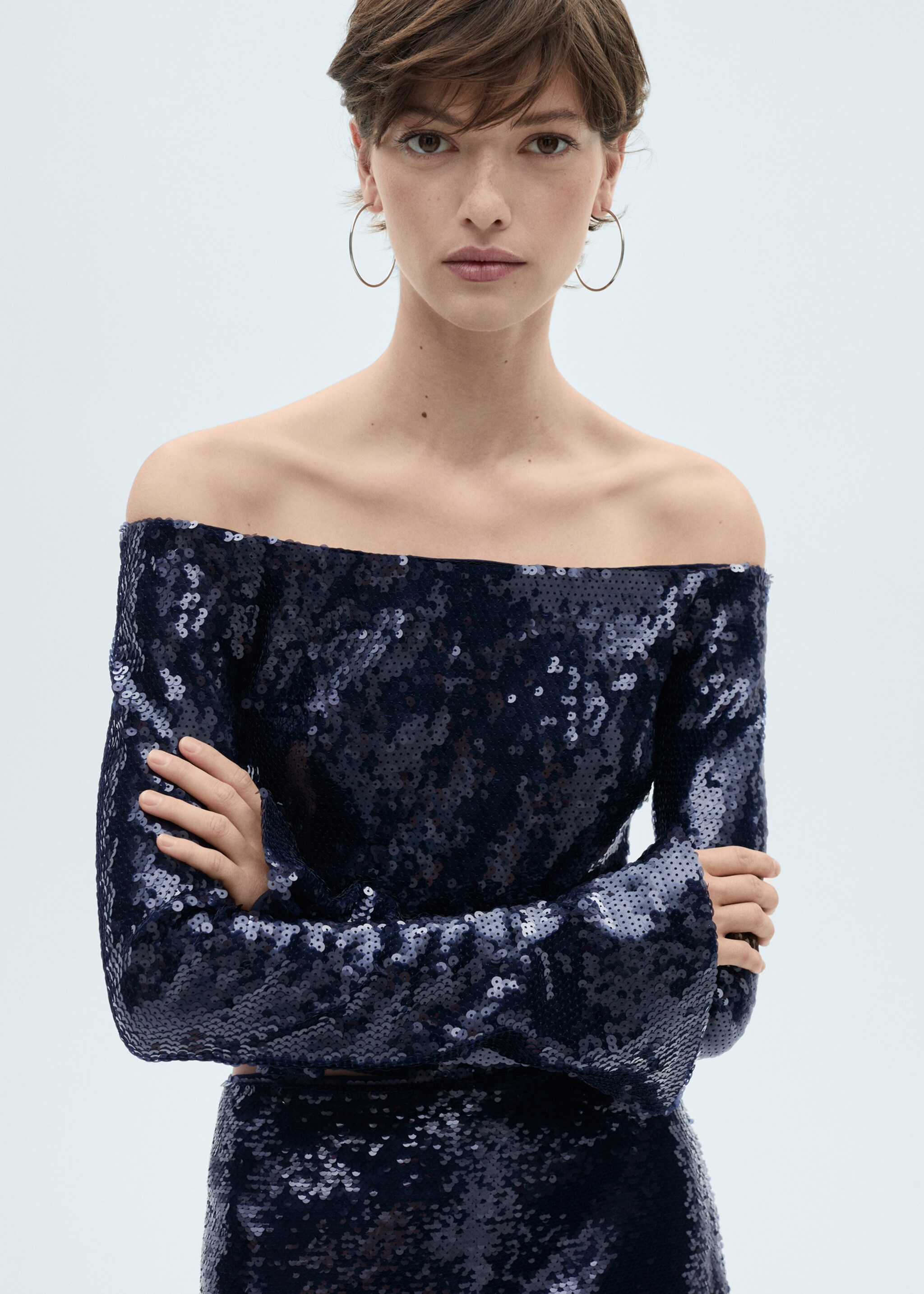 Sequined off-the-shoulder blouse - Medium plane, Blue. Ref: 77029058-00.