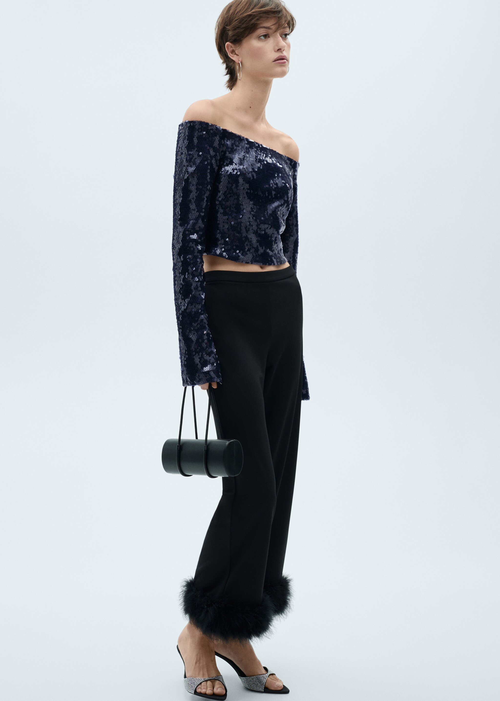 Sequined off-the-shoulder blouse - Details of the article 2, Blue. Ref: 77029058-00.