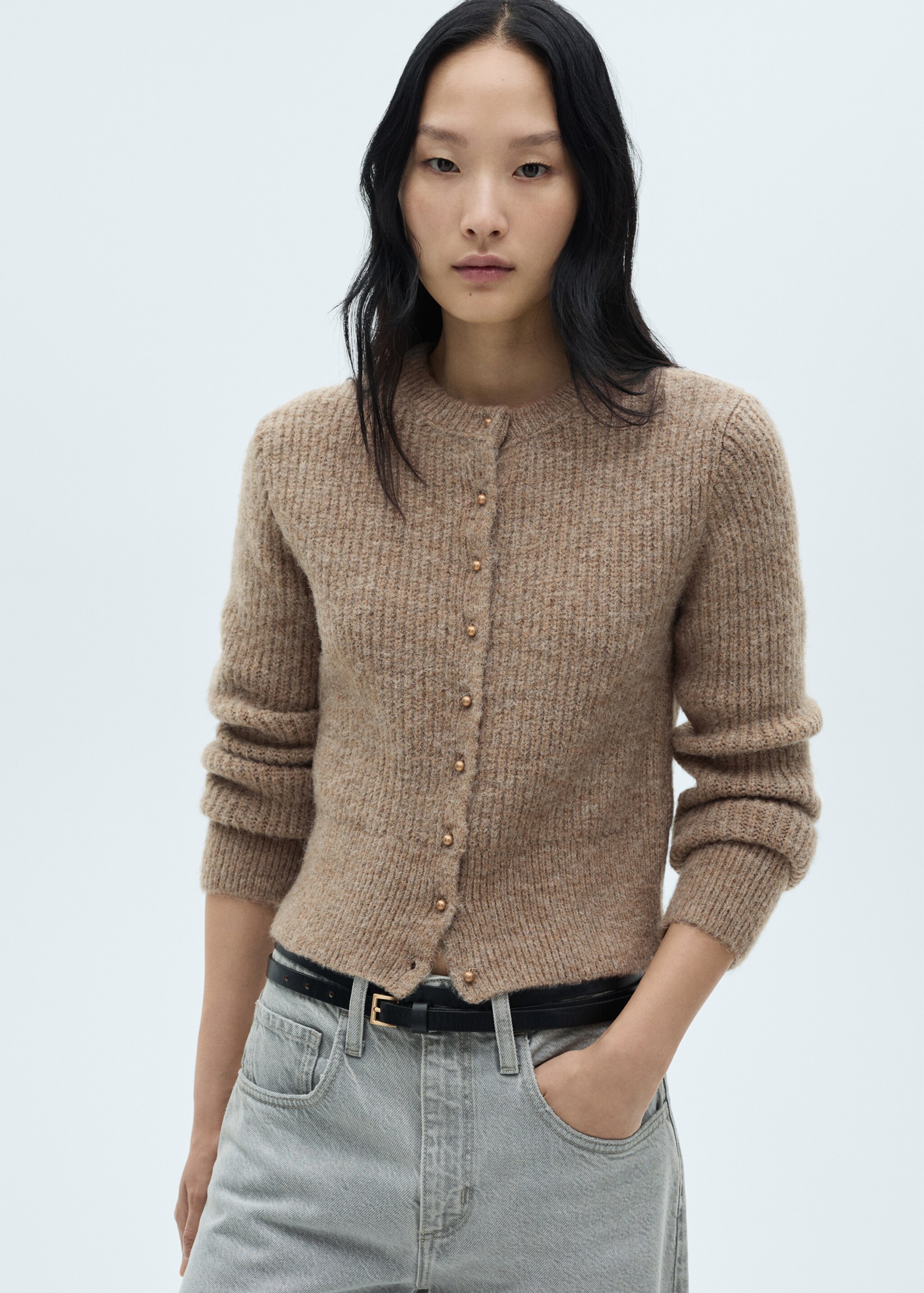 Cardigan maglia bottoni gioiello - Piano medio, Sabbia. Ref: 77029071-00.