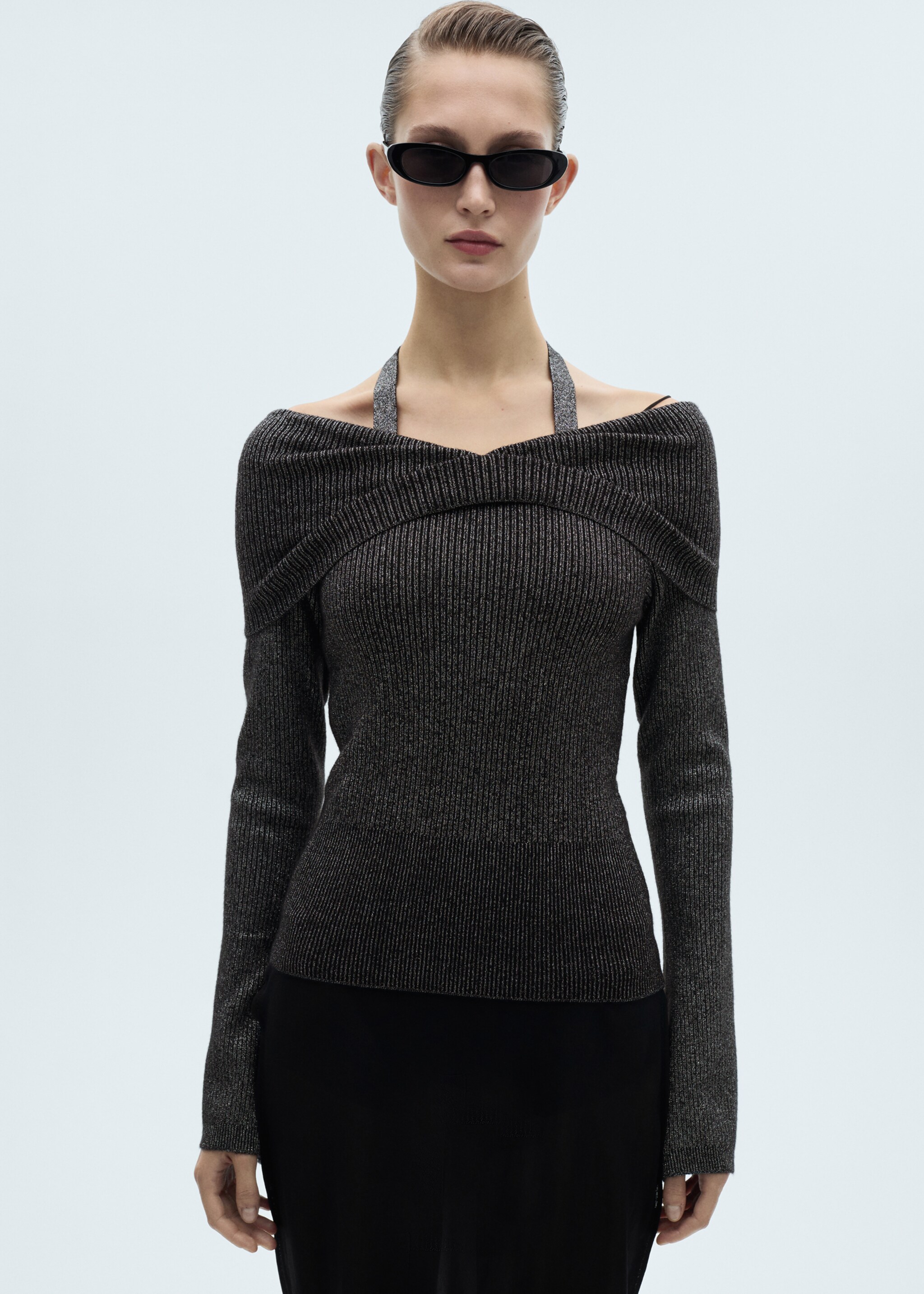 Lurex sweater with bare shoulders - Medium plane, Grey. Ref: 77029406-00.