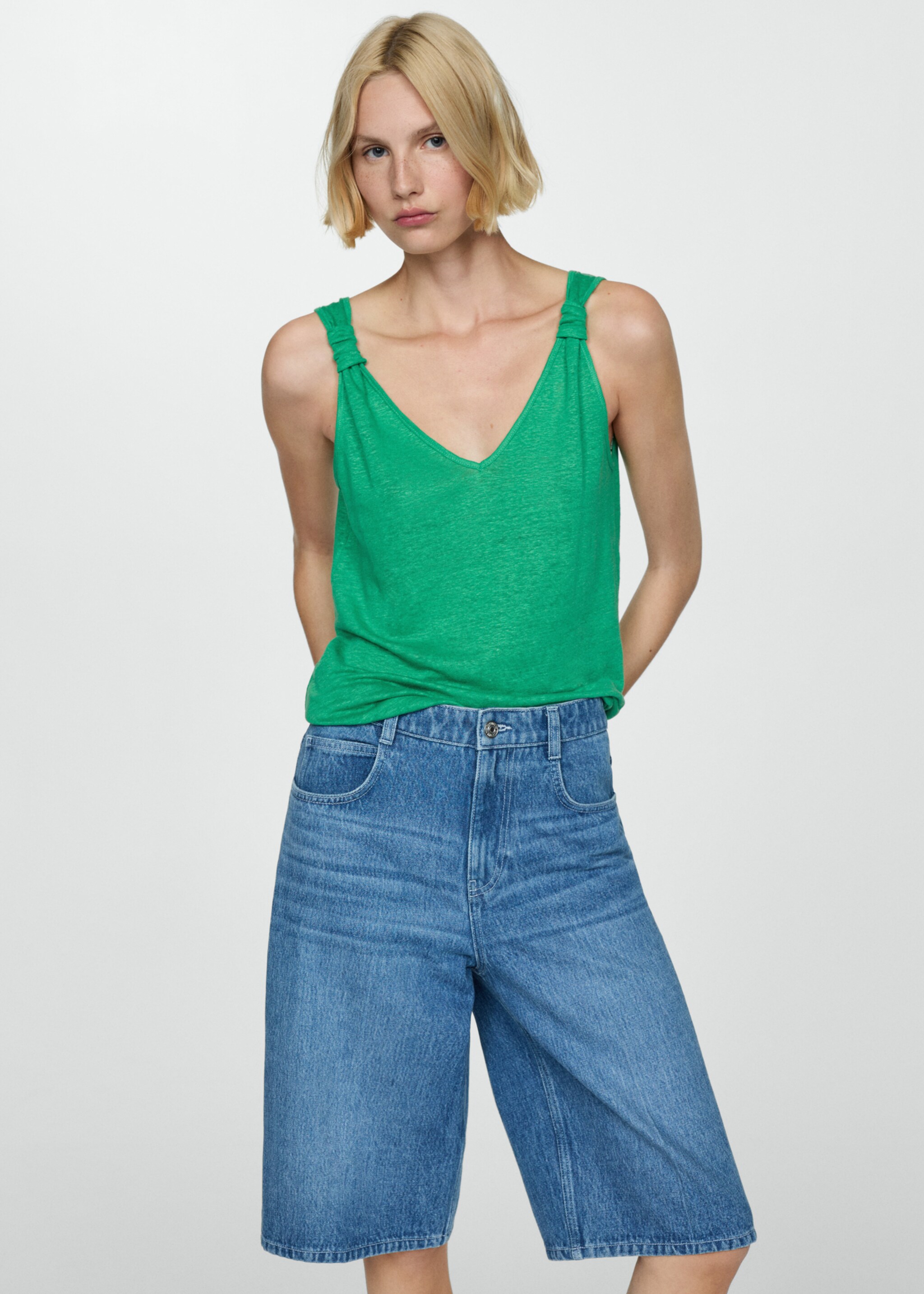Linen top with knotted straps - Medium plane, Green. Ref: 77030360-00.