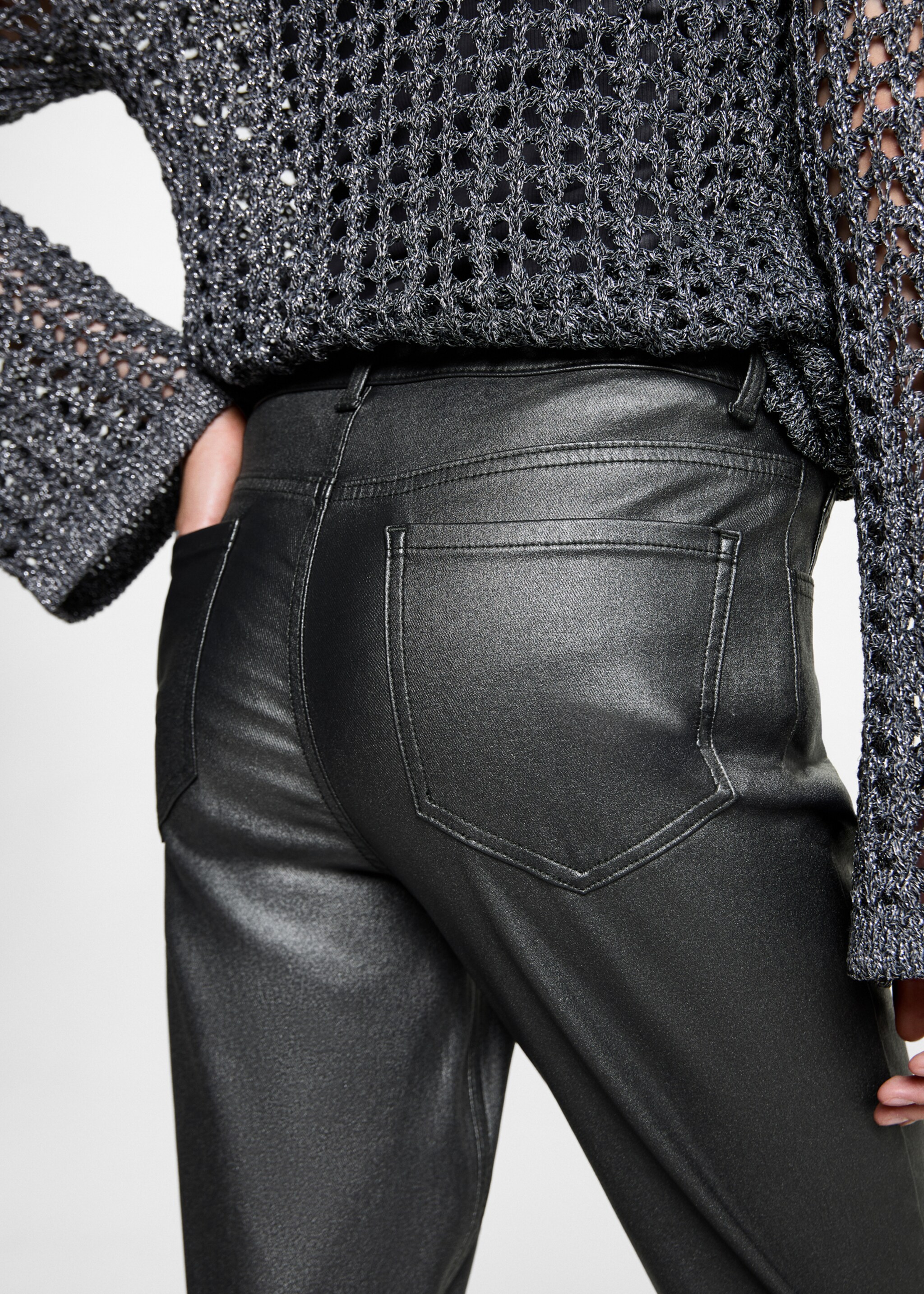 Waxed jeans with metallic effect - Details of the article 1, Grey. Ref: 77032554-00.