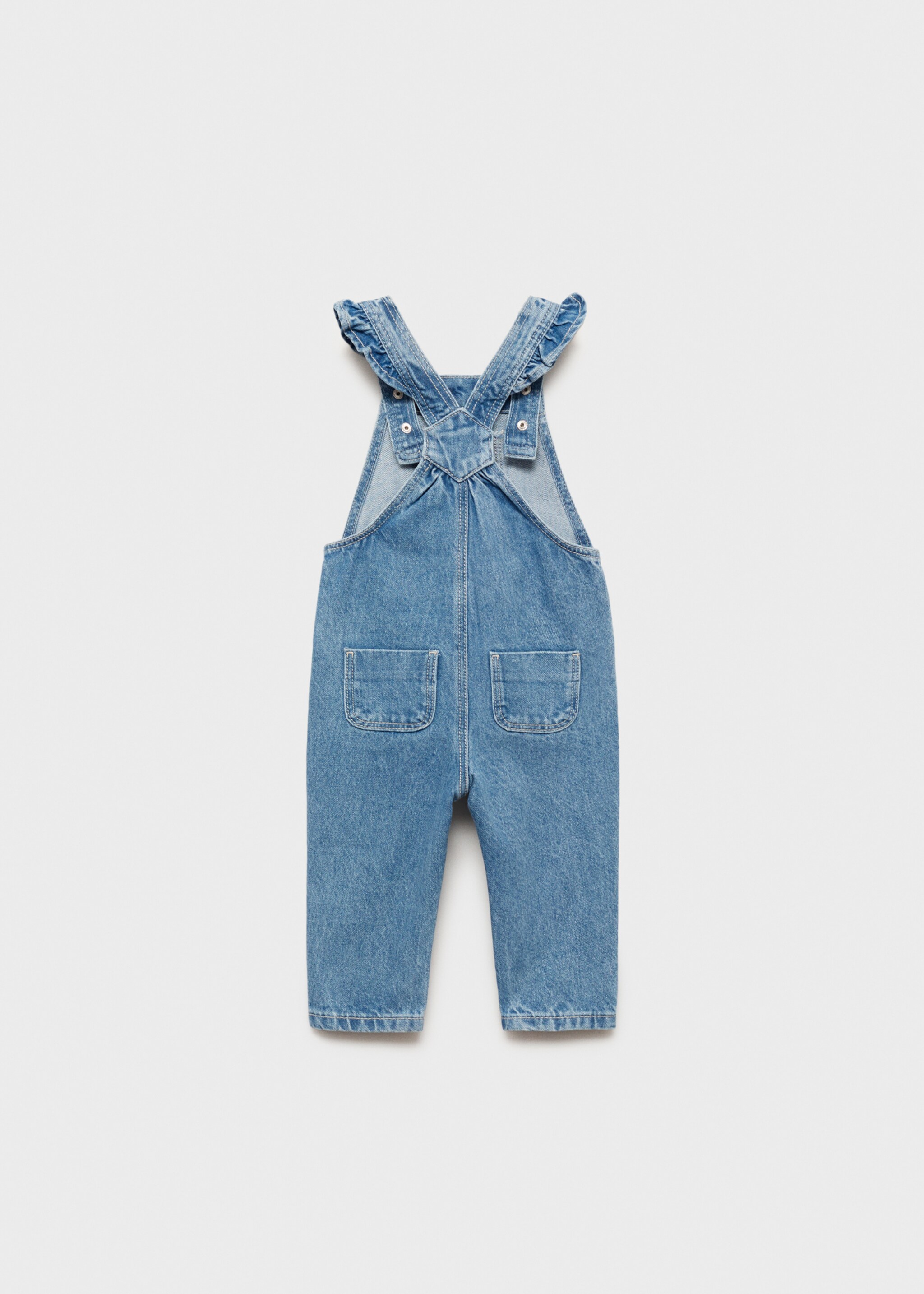 Jeans-Latzhose mit Rüschen - Rückseite des Artikels, Mittelblau. Ref: 77033260-00.
