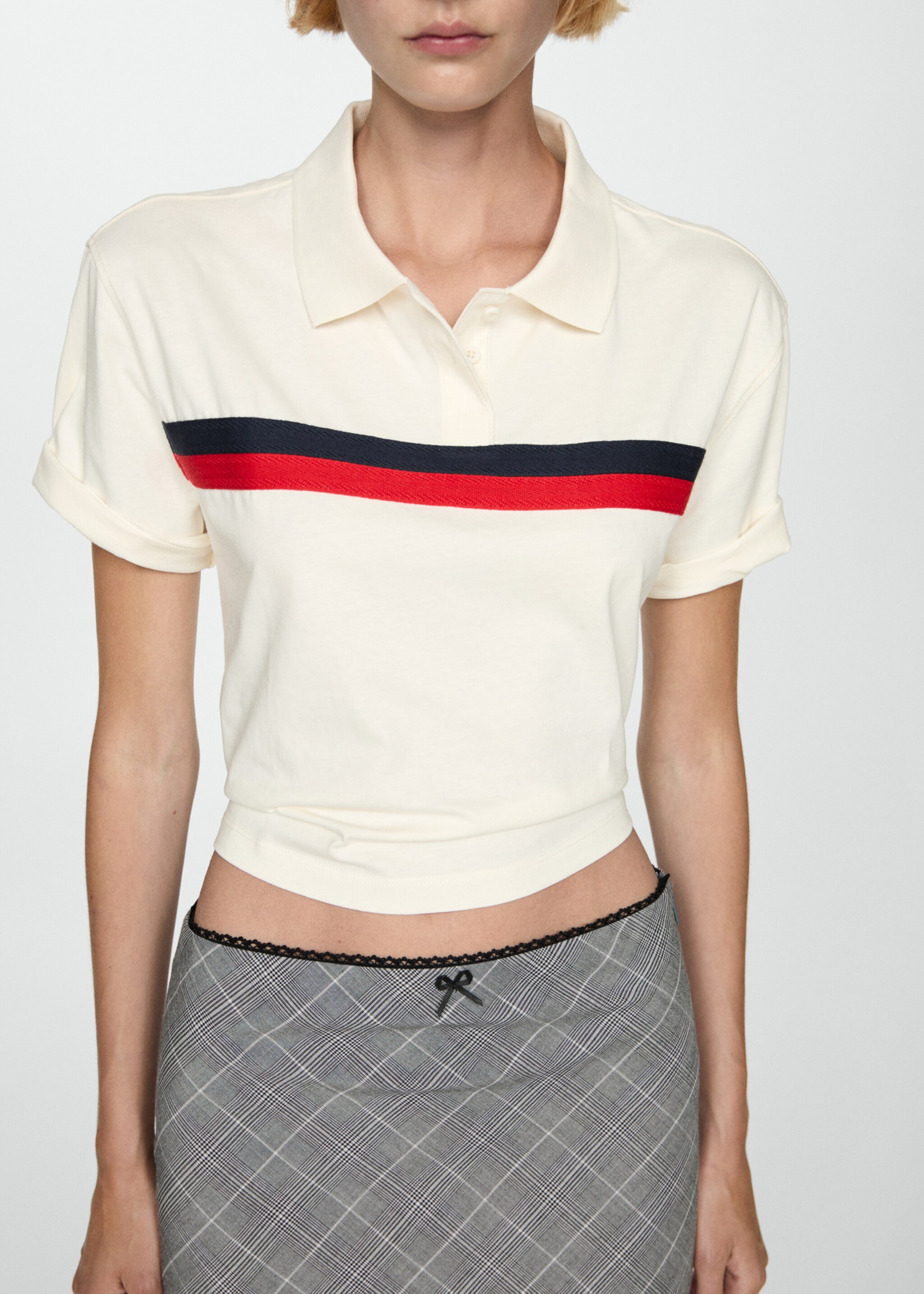 Cropped polo shirt with striped detail - Medium plane, White. Ref: 77034023-00.
