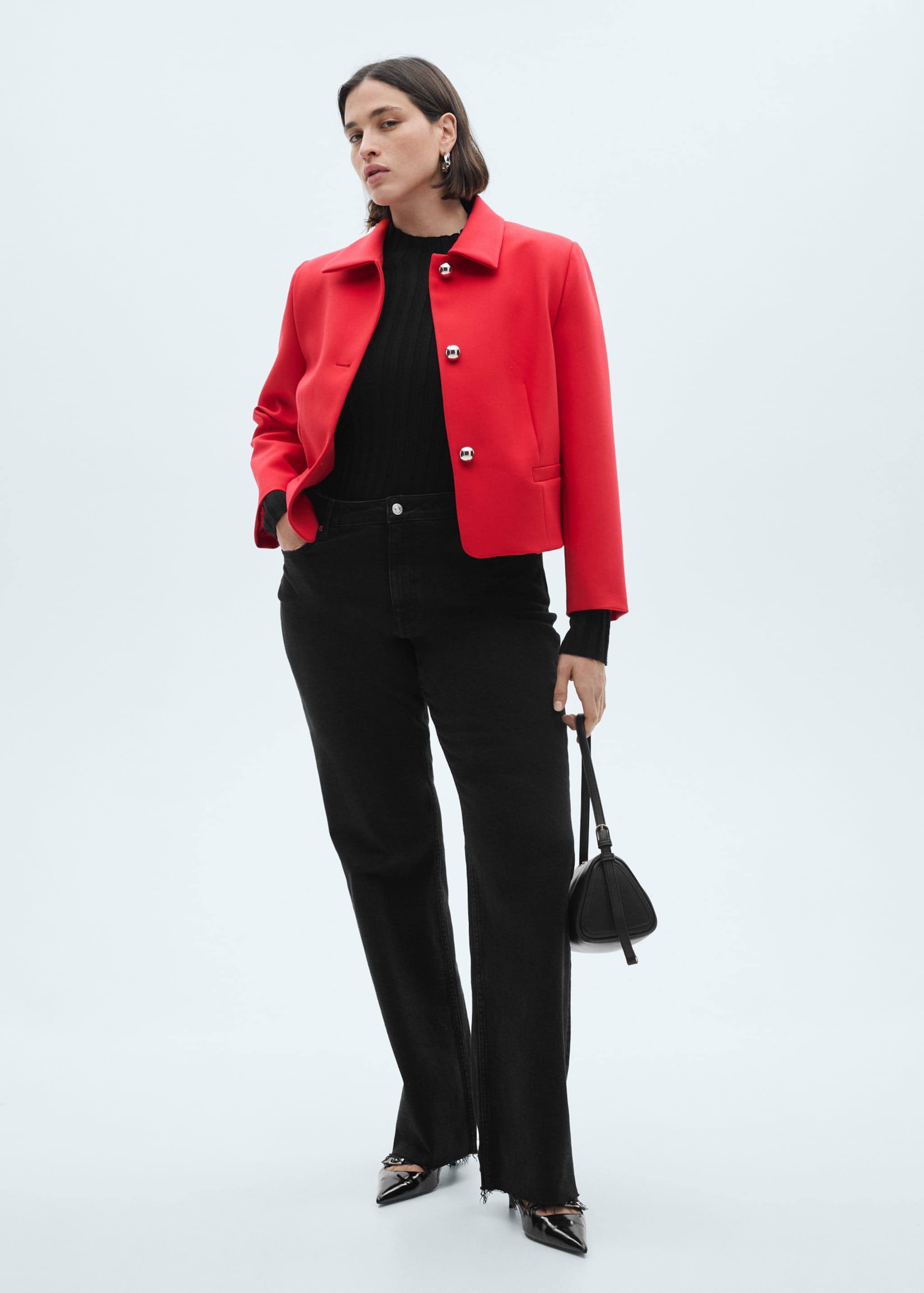 Buttoned cropped jacket - Details of the article 3, Red. Ref: 77034069-00.