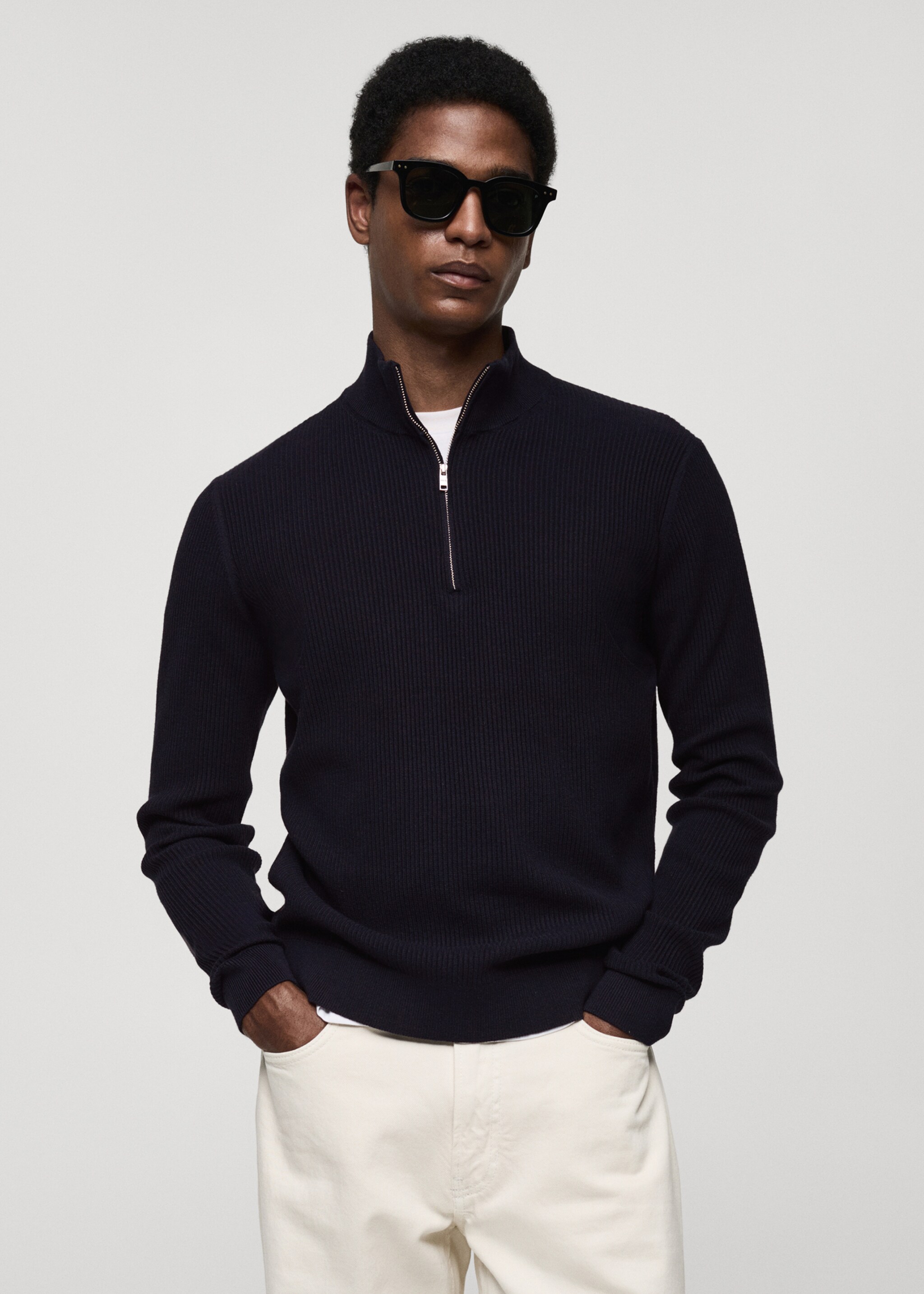 Pull-over maille côtelée col zippé - Plan moyen, Bleu marine foncé. Ref: 77034444-00.