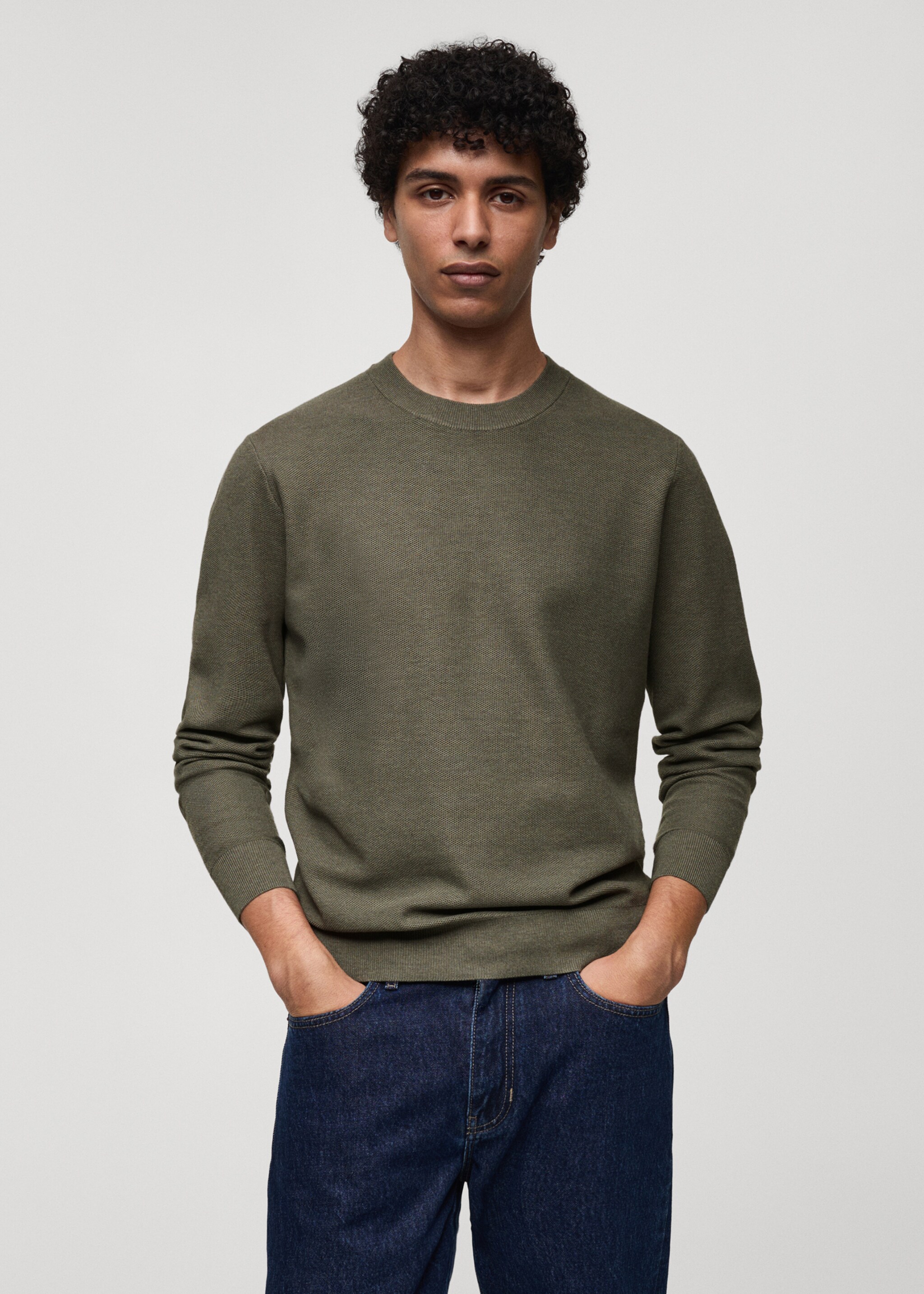 Fine-knit cotton sweater - Medium plane, Olive Green. Ref: 77034447-00.