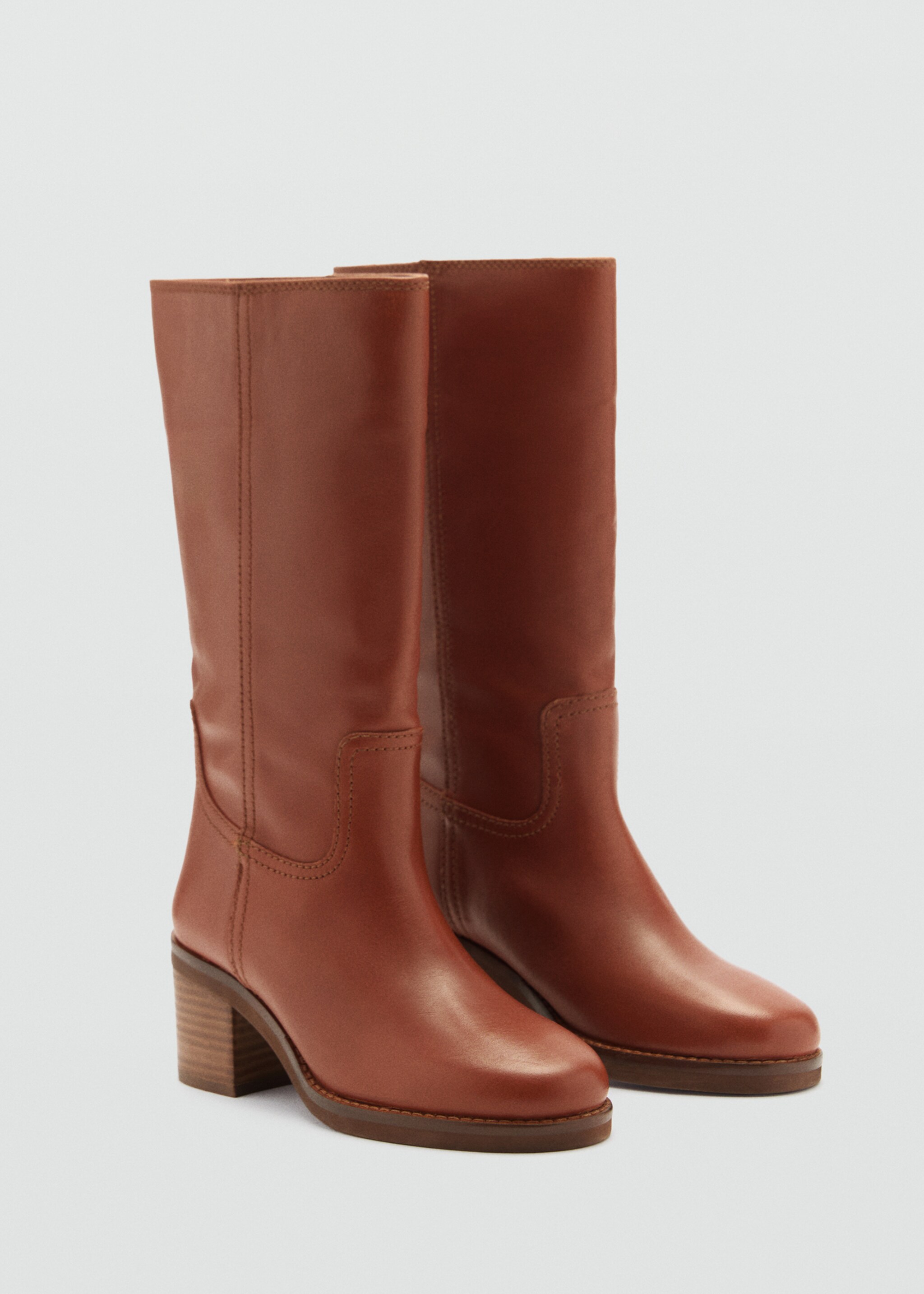 Leather ankle boots with block heel - Medium plane, Cognac. Ref: 77034790-00.
