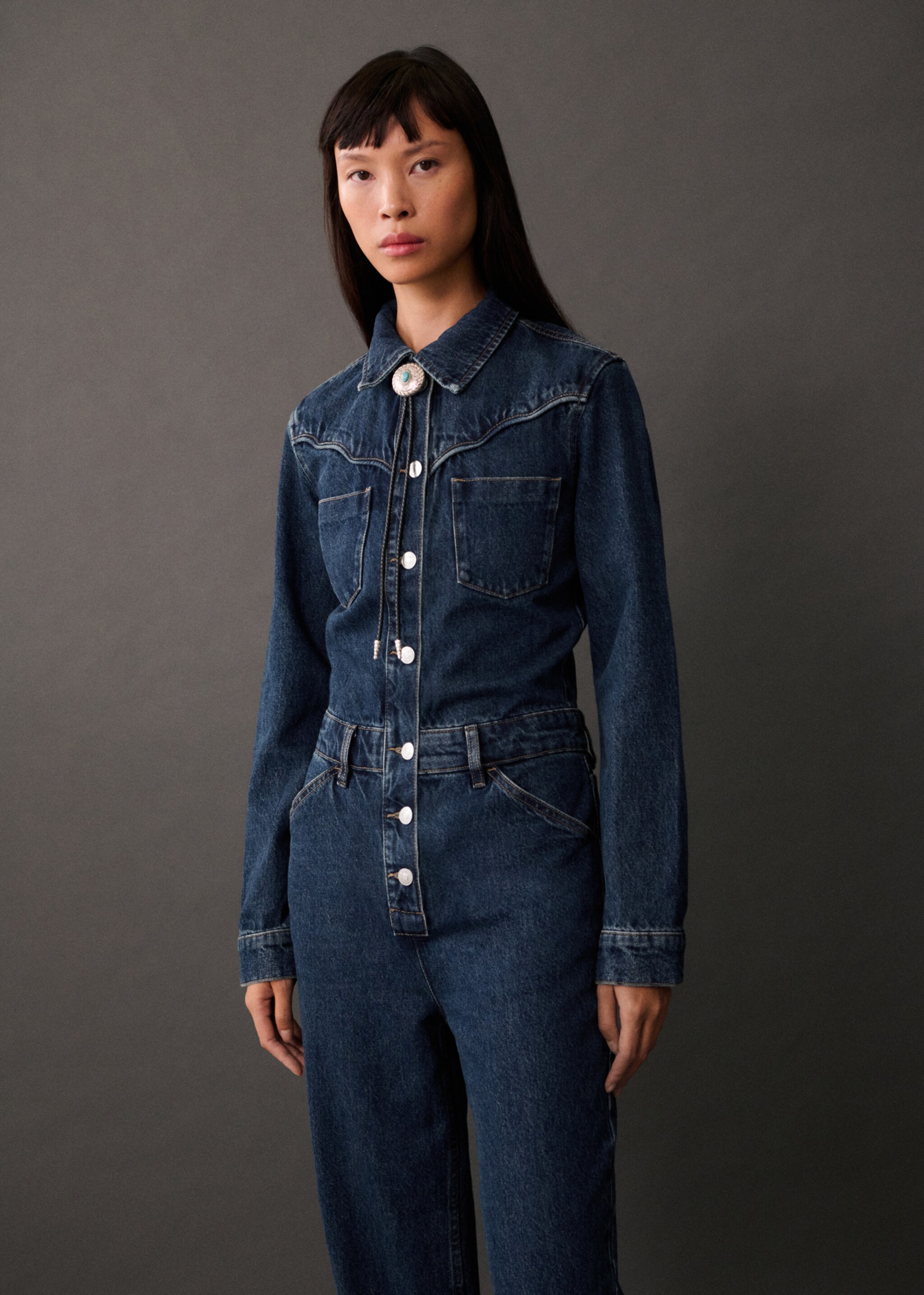 Combi-pantalon en jean - Plan moyen, Bleu foncé. Ref: 77035668-00.