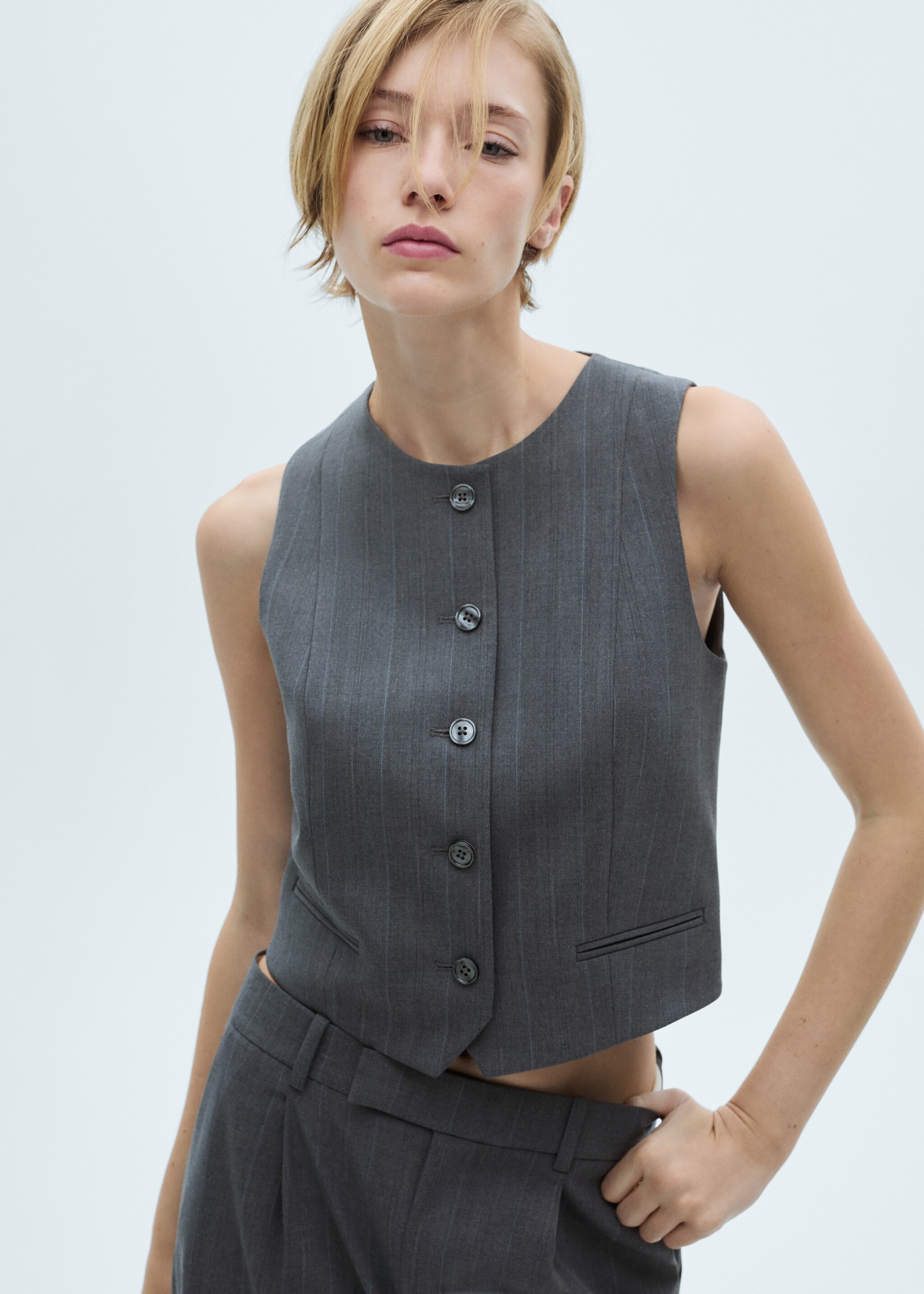 Pinstriped suit waistcoat - Medium plane, Grey. Ref: 77036725-00.
