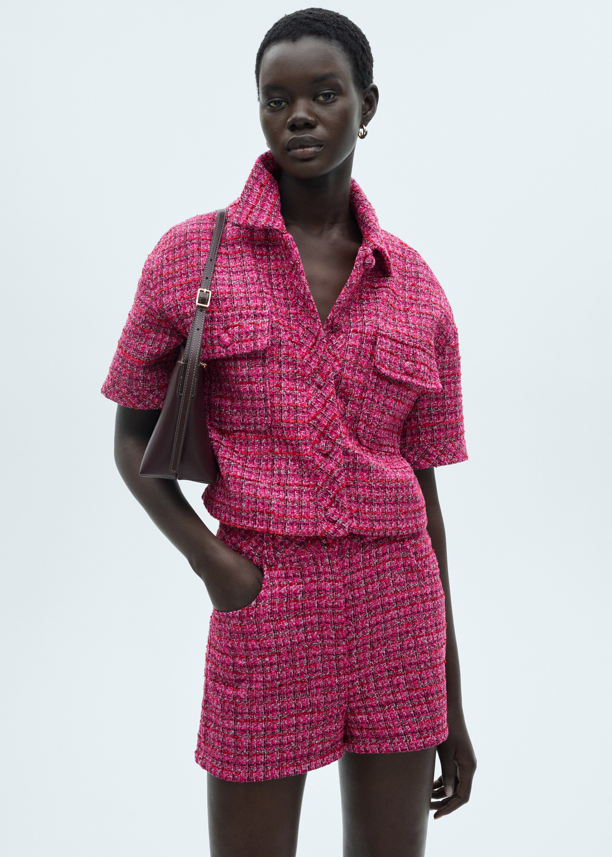 Mid-rise tweed shorts - Details of the article 1, Fuchsia. Ref: 77037648-00.