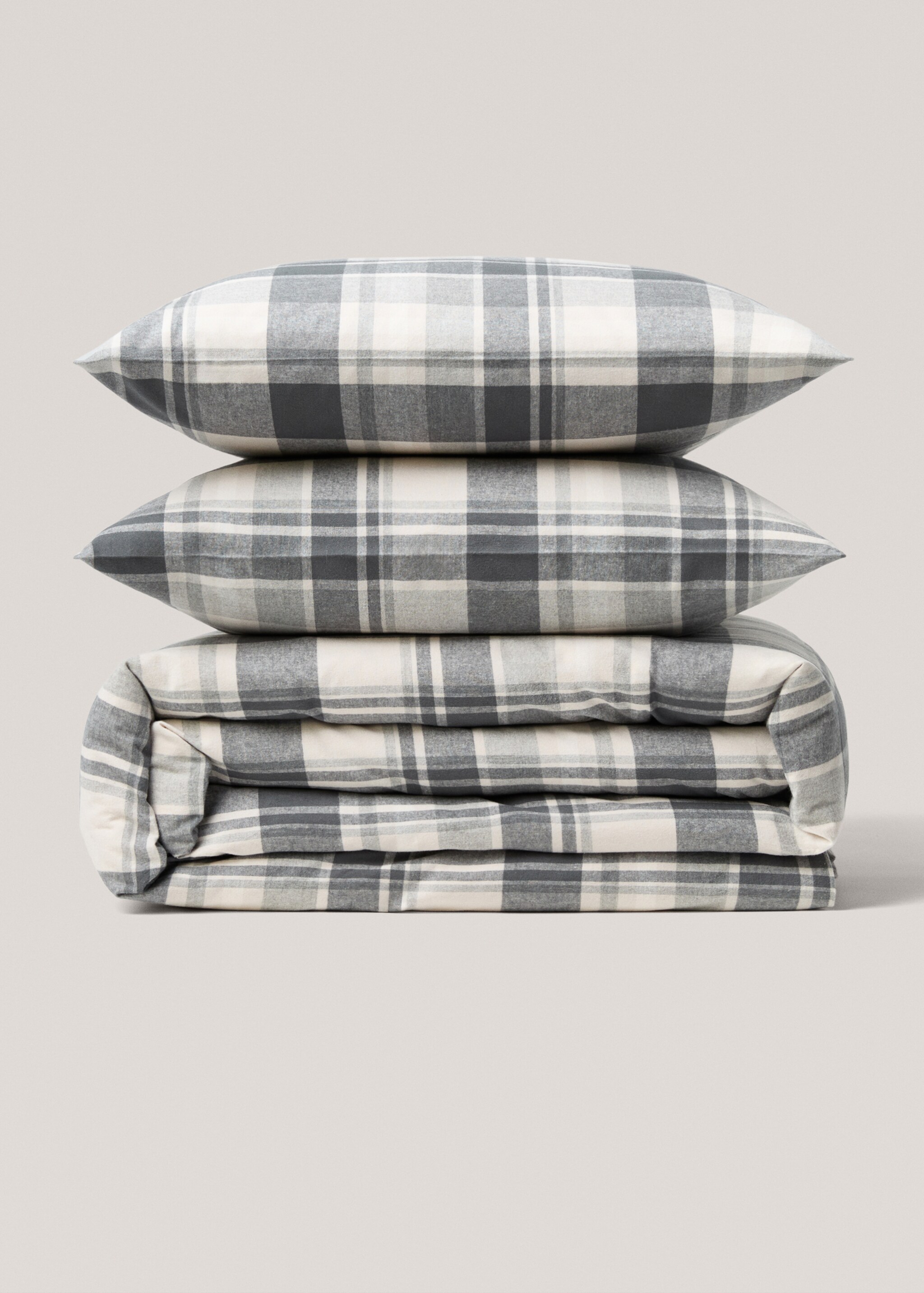 Cotton flannel check duvet cover for 150/160 cm bed - Article without model, Grey. Ref: 77037665-00.