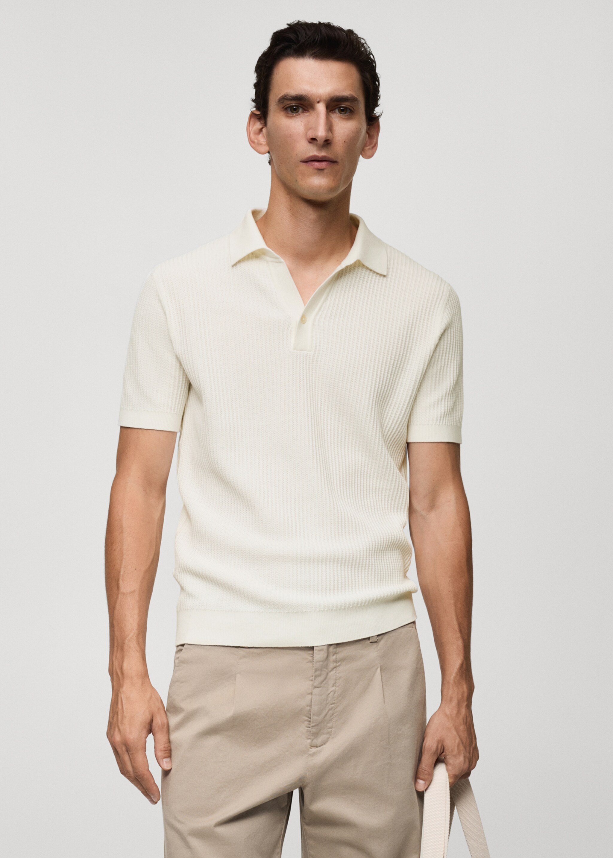 Fine-knit ribbed cotton polo shirt - Medium plane, Off White. Ref: 77037698-00.