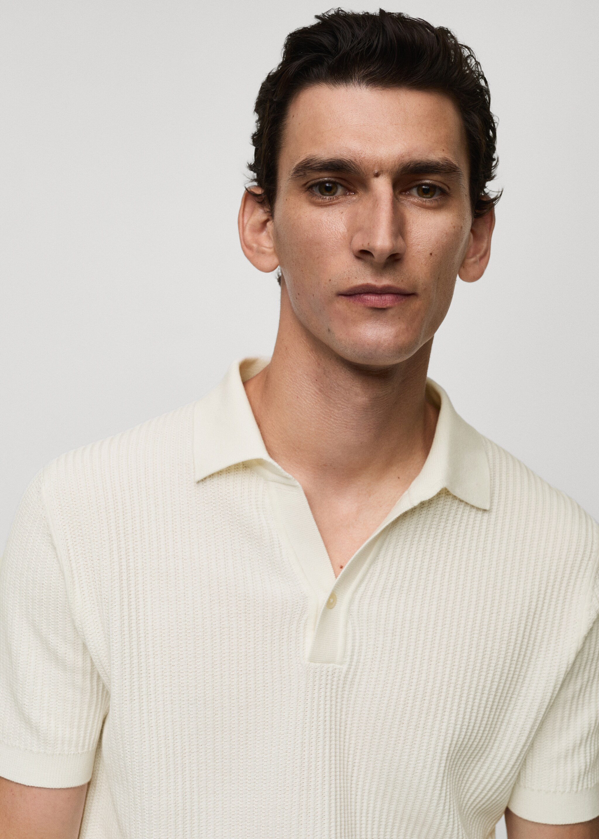 Fine-knit ribbed cotton polo shirt - Details of the article 1, Off White. Ref: 77037698-00.