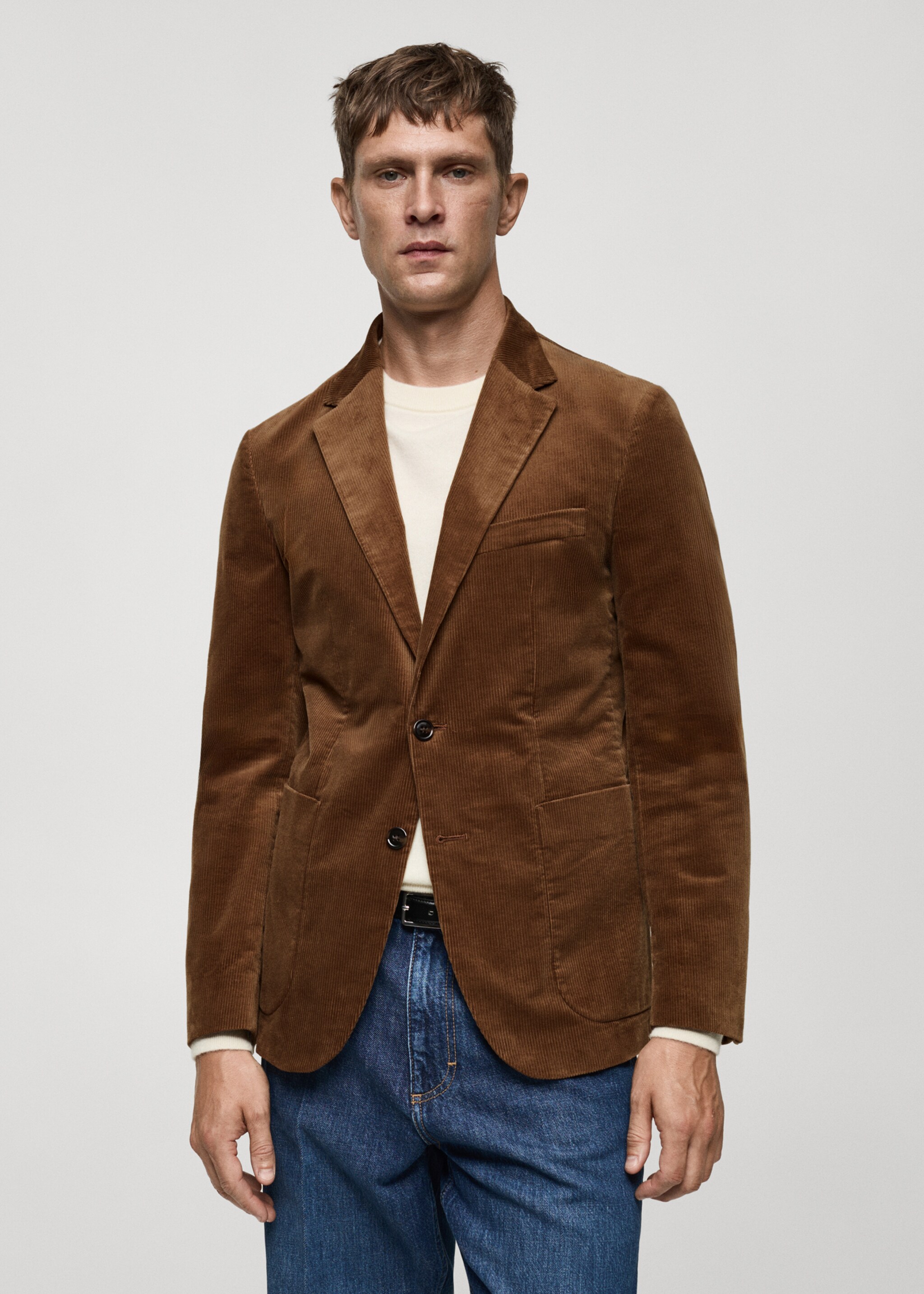 Slim fit corduroy blazer - Medium plane, Brown. Ref: 77037919-00.