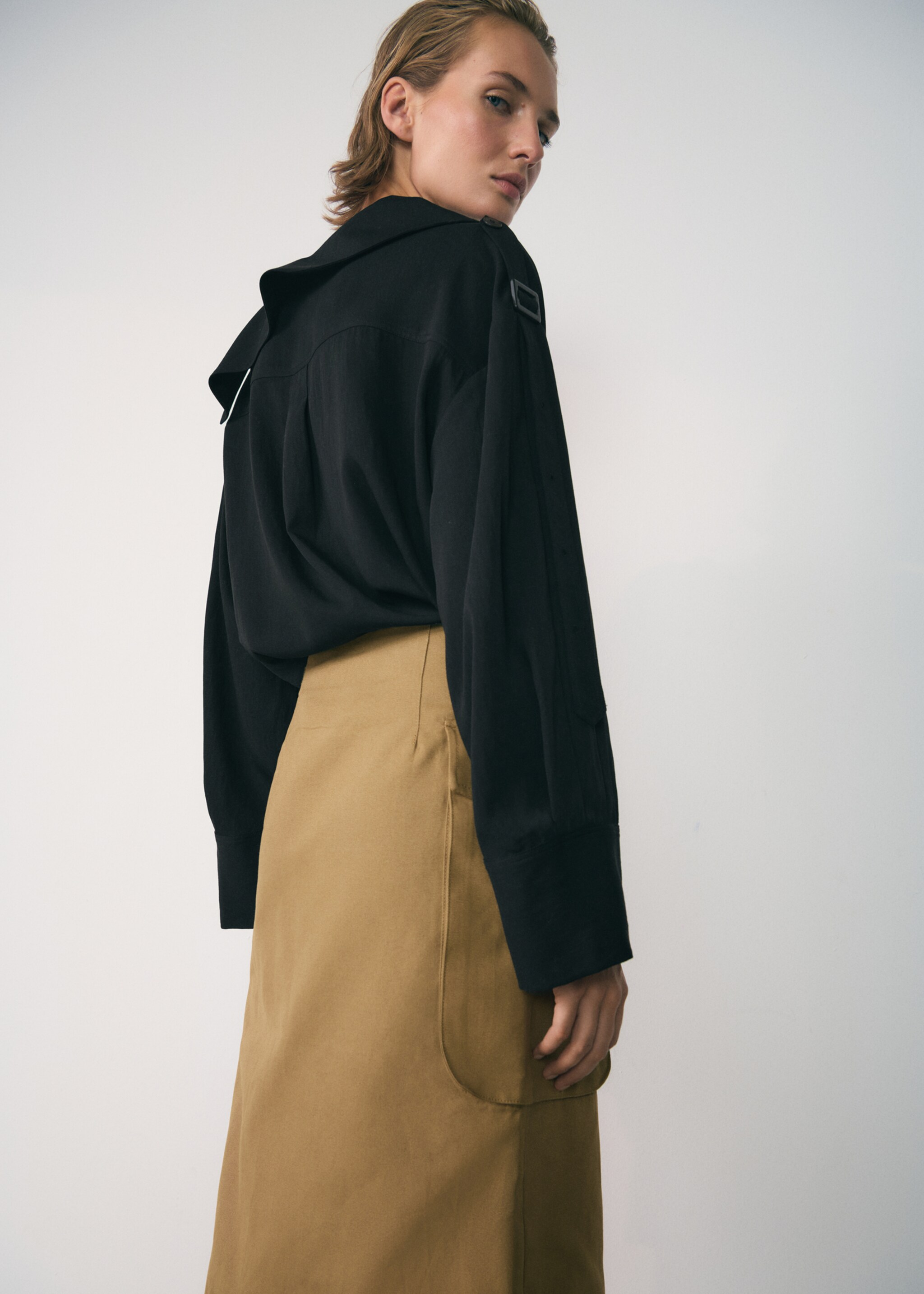 Lyocell shirt with asymmetrical collar - Reverse of the article, Black. Ref: 77037939-00.