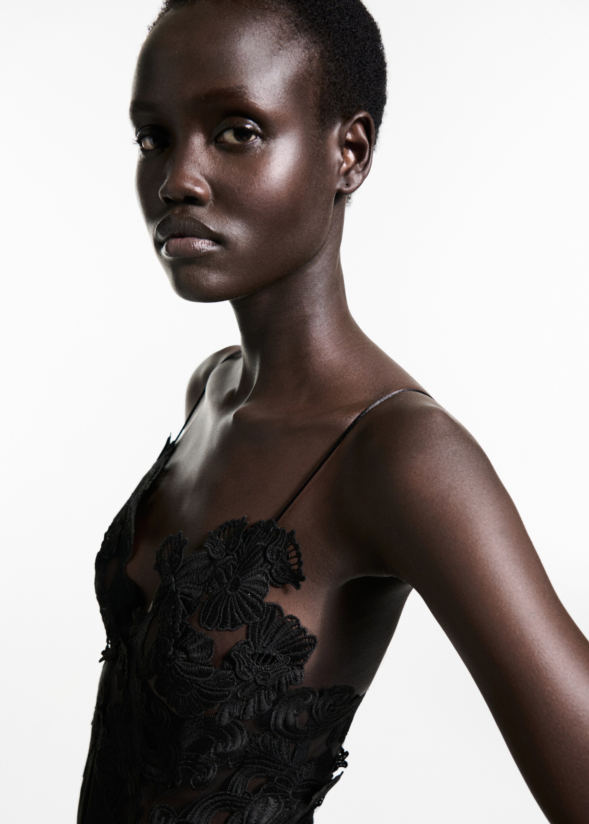 Tulle jumpsuit with lace detail - Details of the article 1, Black. Ref: 77039032-00.