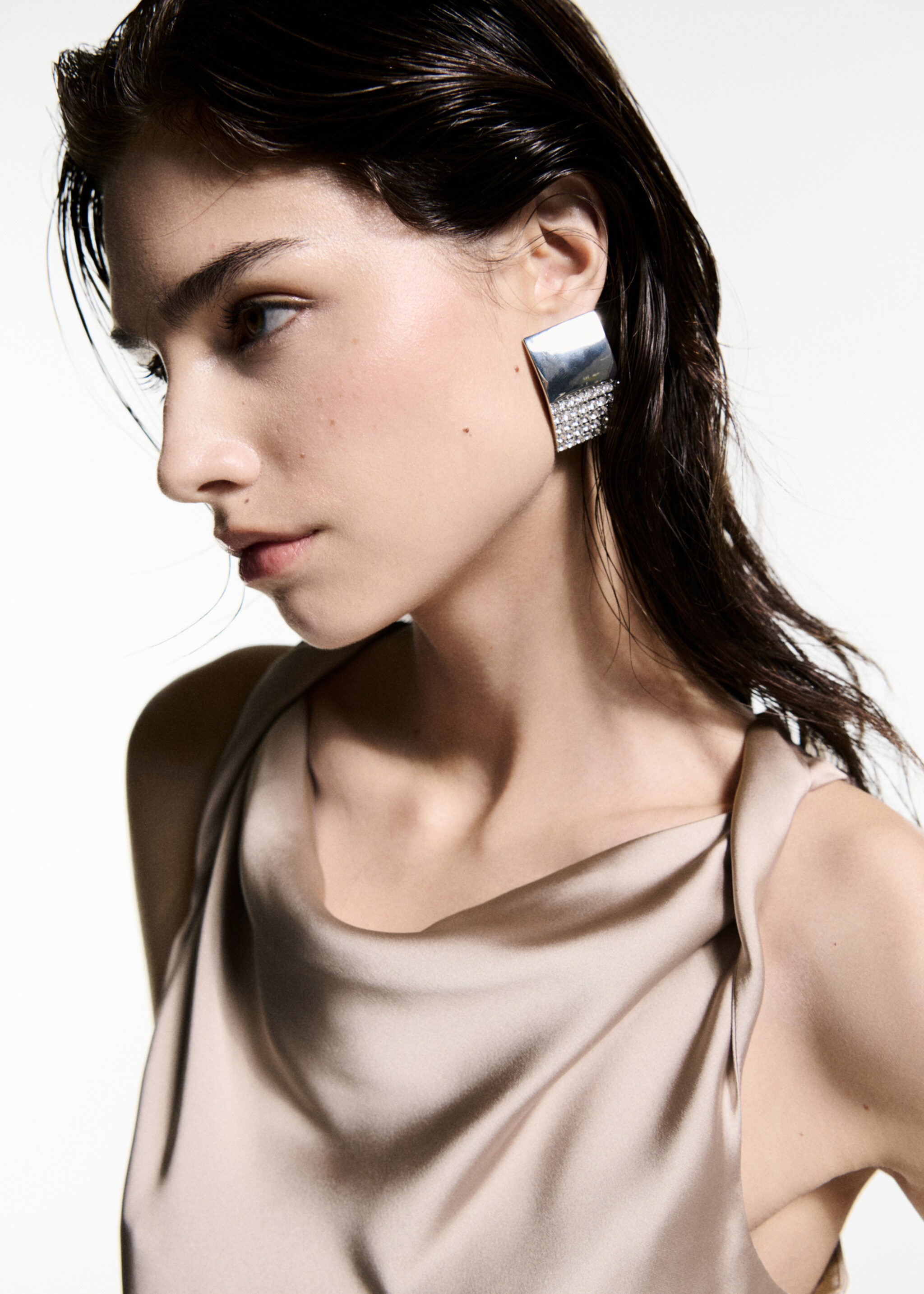 Draped neck satin top - Details of the article 1, Light/Pastel Grey. Ref: 77039034-00.