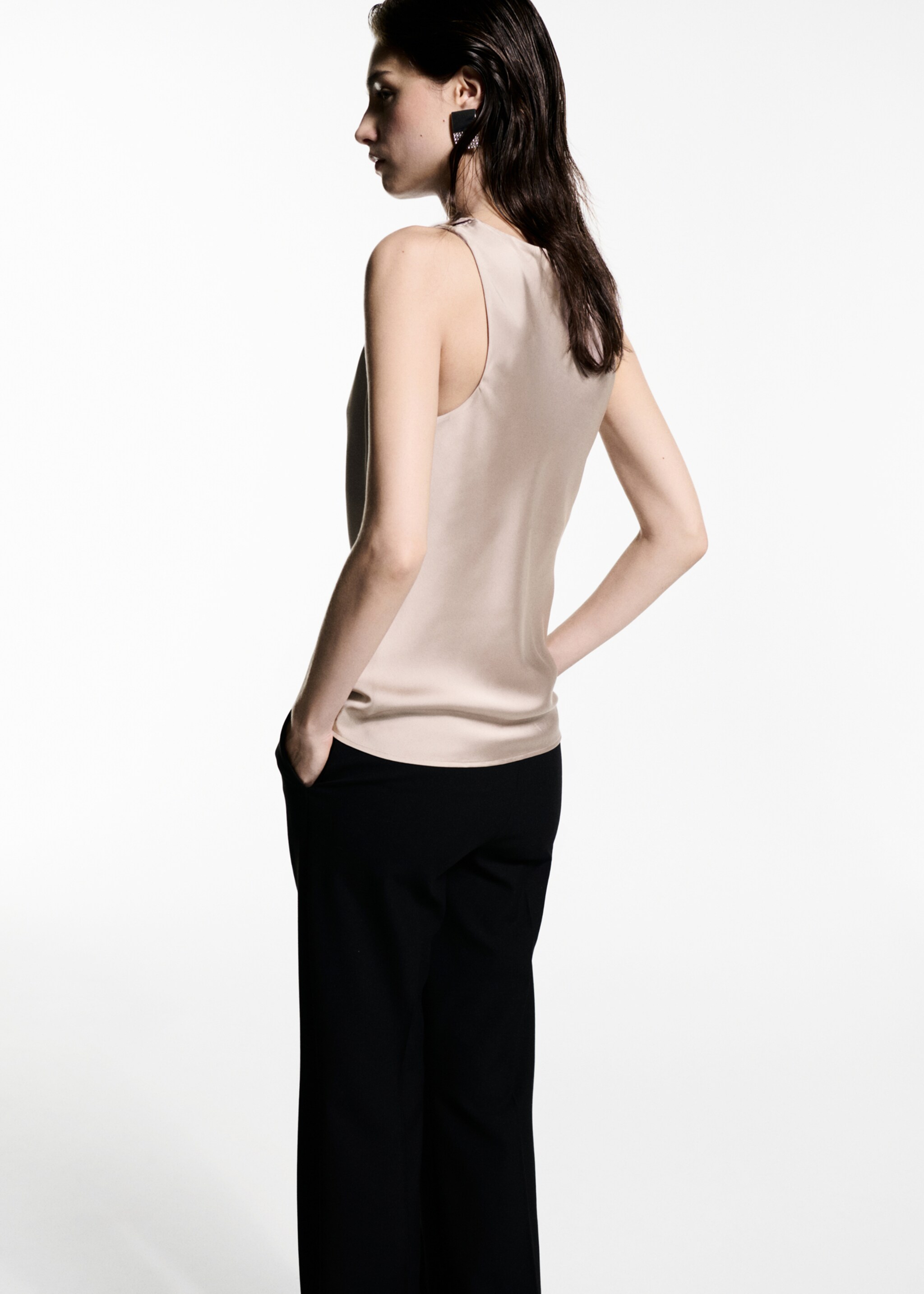 Draped neck satin top - Reverse of the article, Light/Pastel Grey. Ref: 77039034-00.