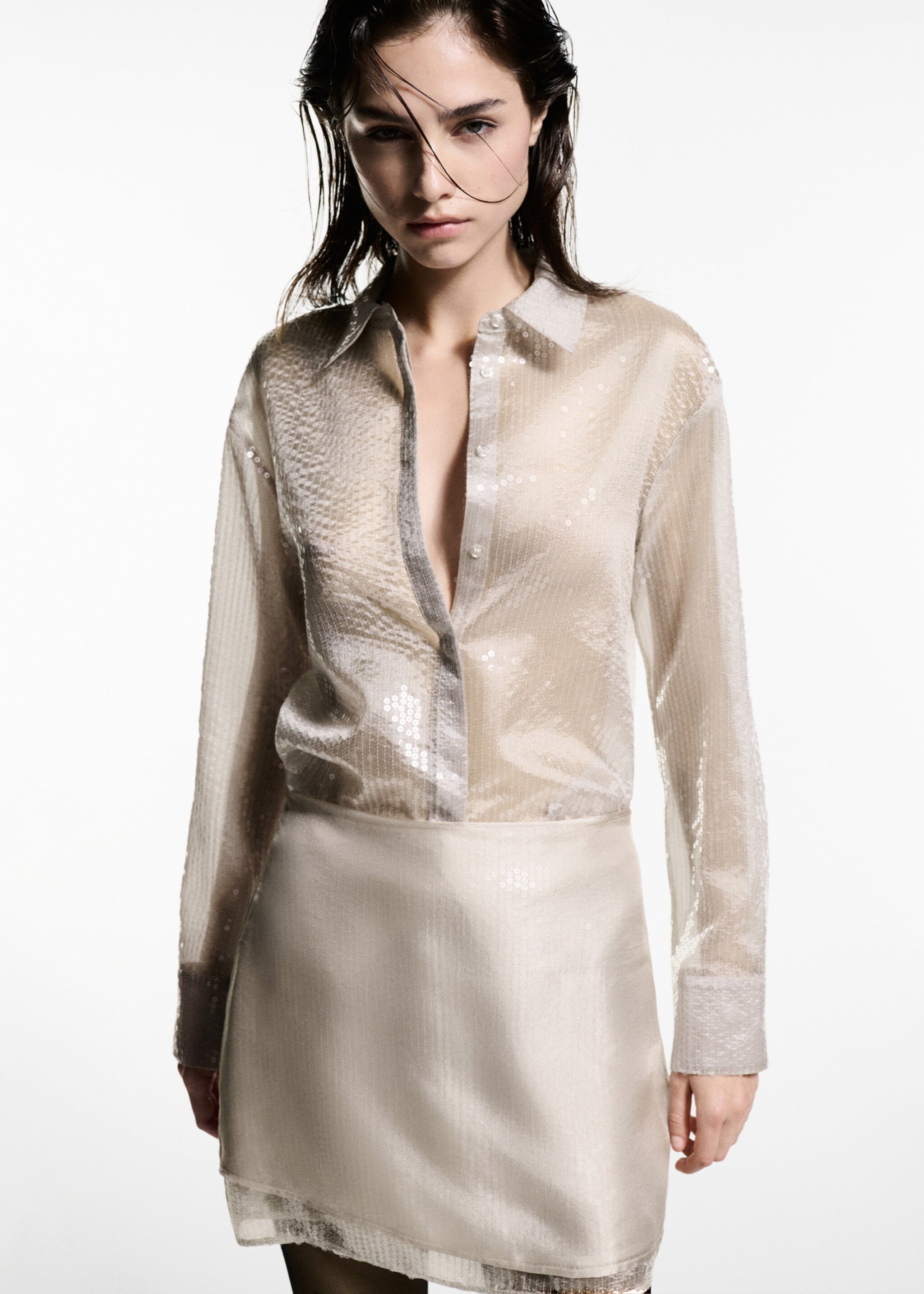 Camisa semitransparent lluentons - Pla mig, Cru. Ref: 77039035-00.