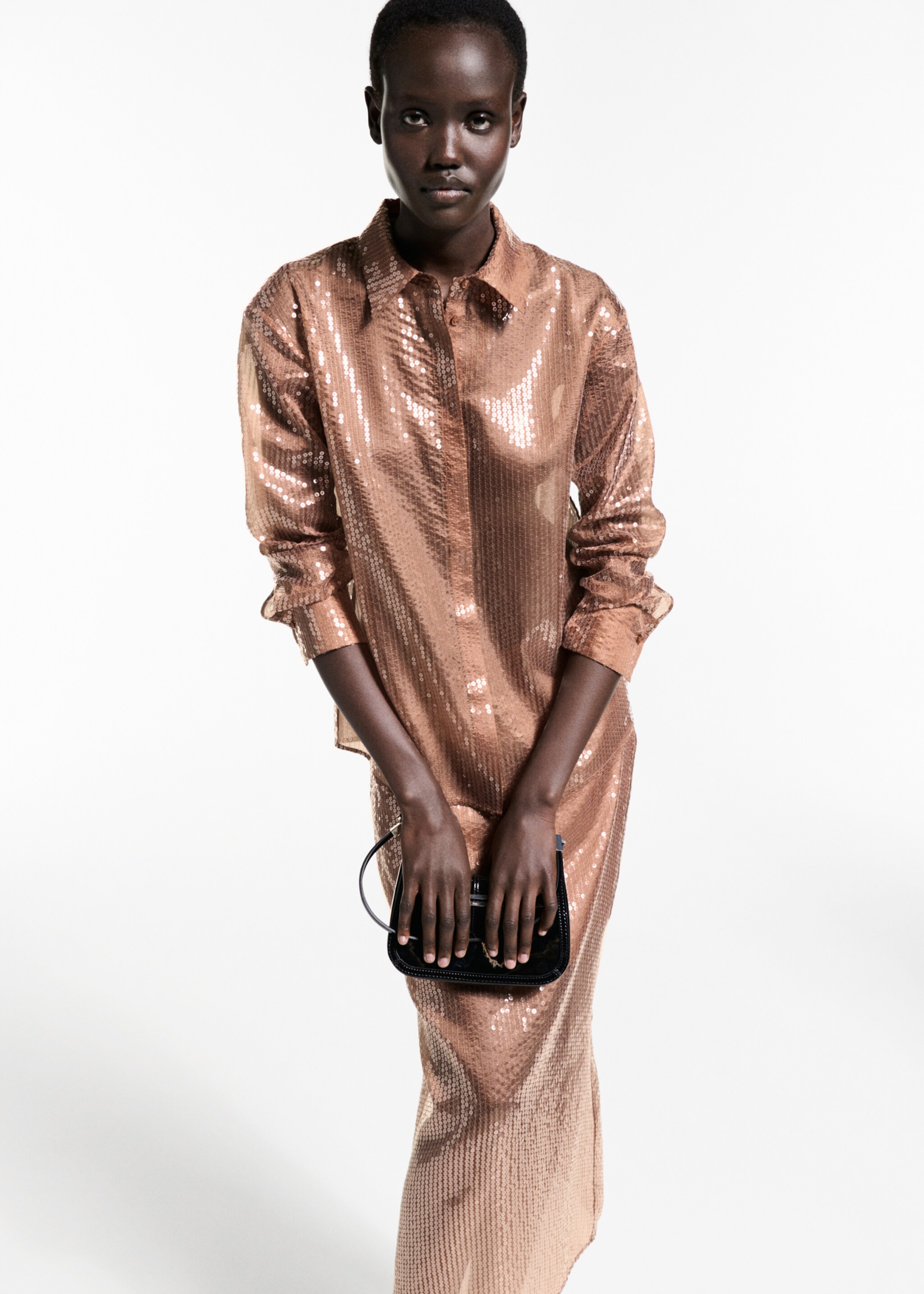 Semi-transparent sequined shirt - Medium plane, Brown. Ref: 77039035-00.