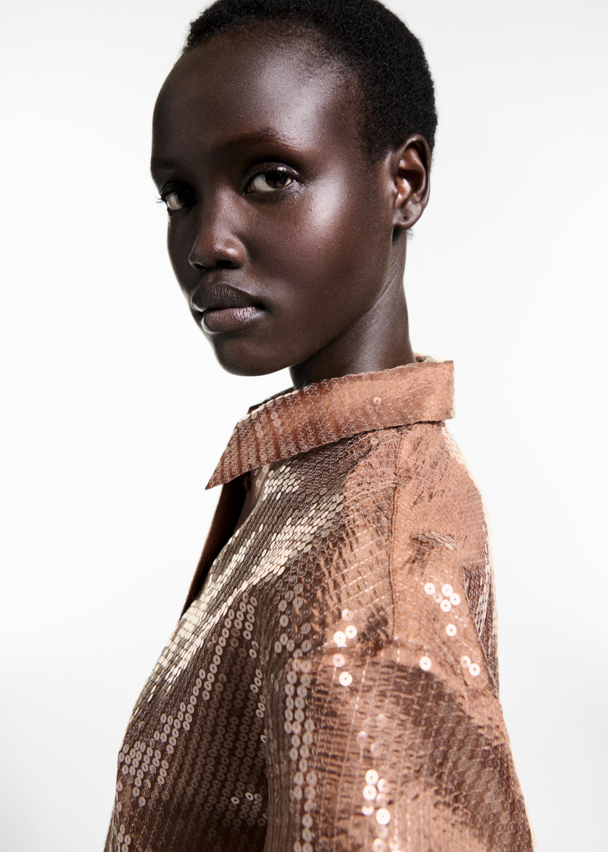 Semi-transparent sequined shirt - Details of the article 1, Brown. Ref: 77039035-00.