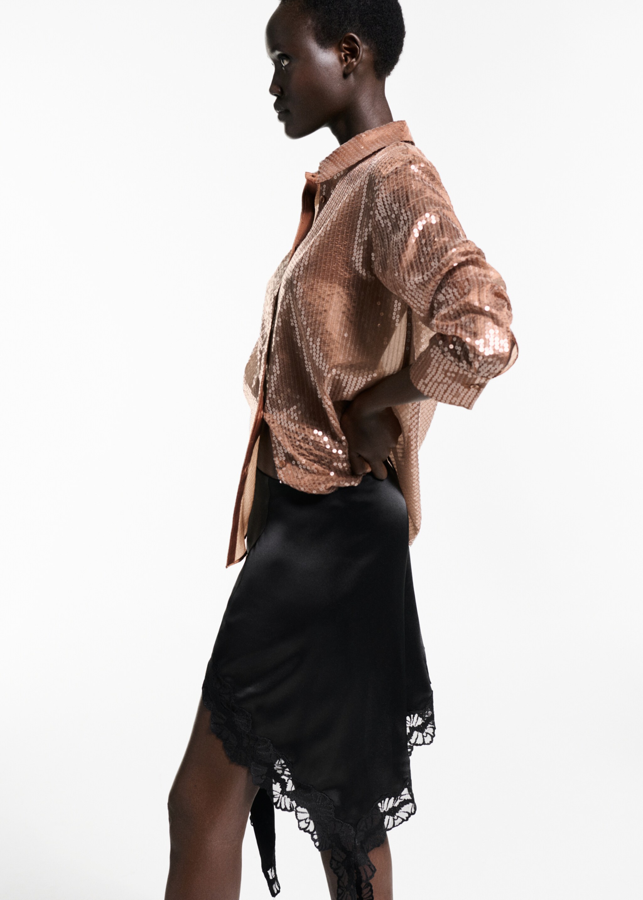 Semi-transparent sequined shirt - Details of the article 2, Brown. Ref: 77039035-00.