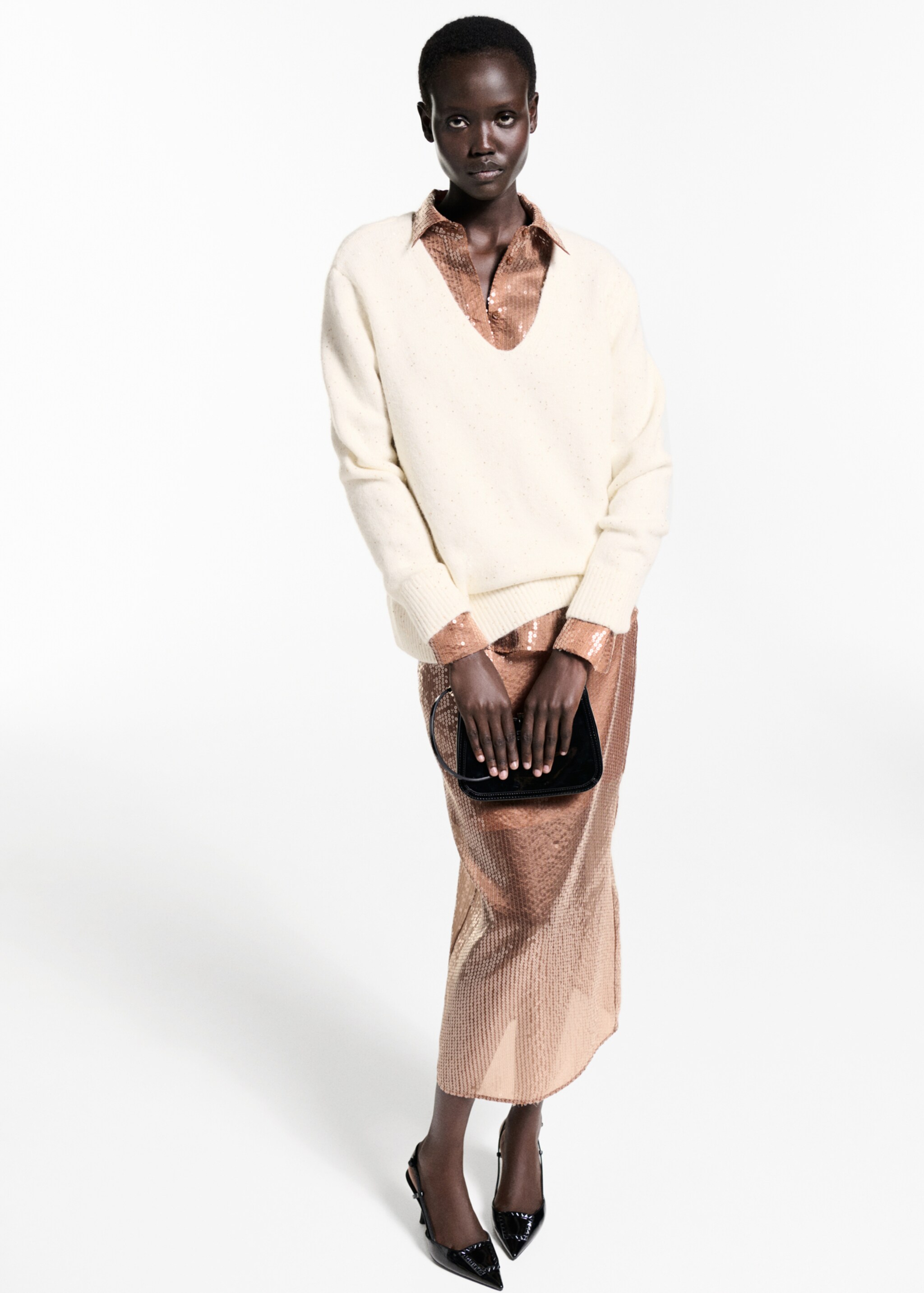 Sequin midi skirt - Details of the article 2, Brown. Ref: 77039036-00.