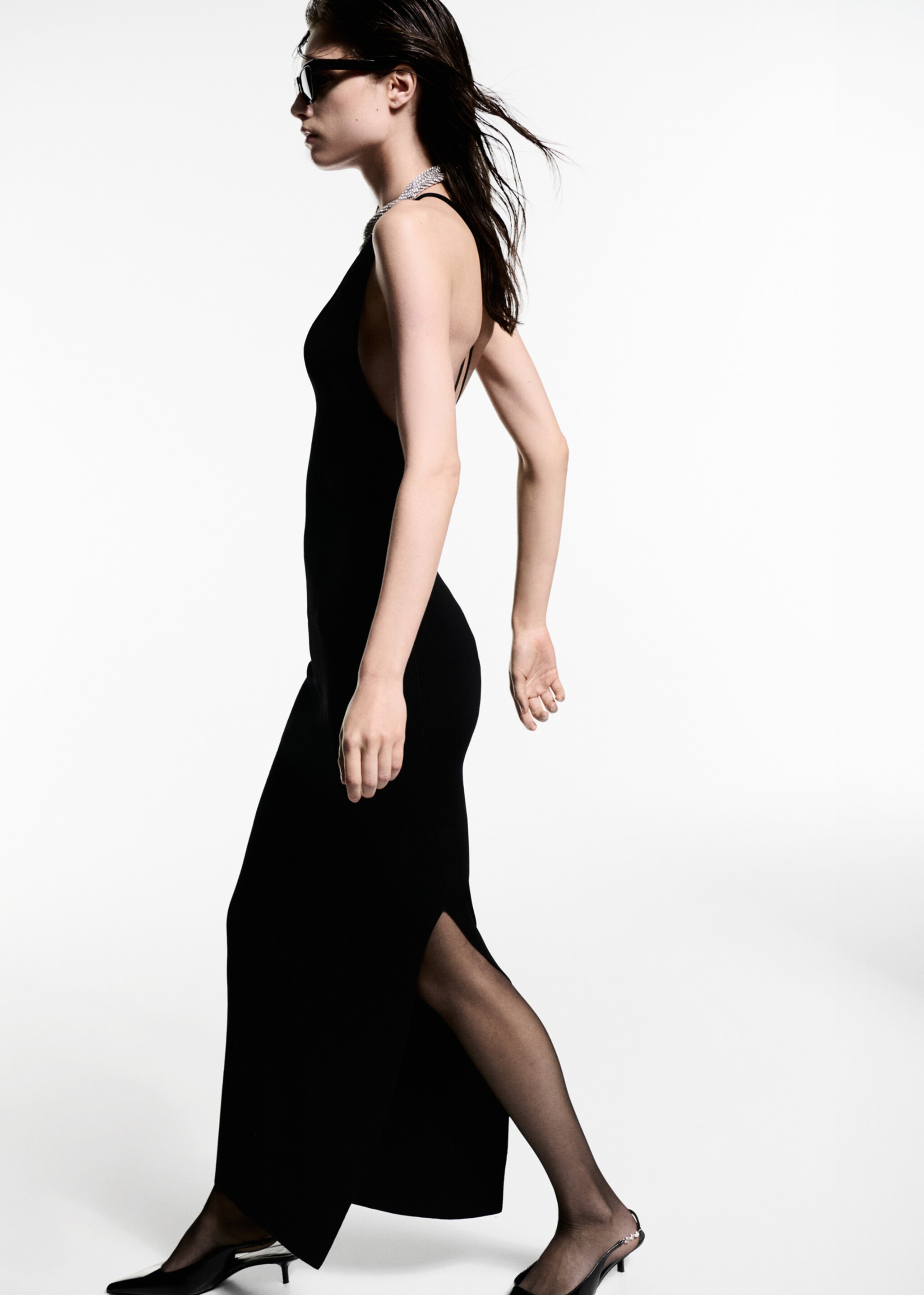 Slit long dress - Details of the article 2, Black. Ref: 77039042-00.